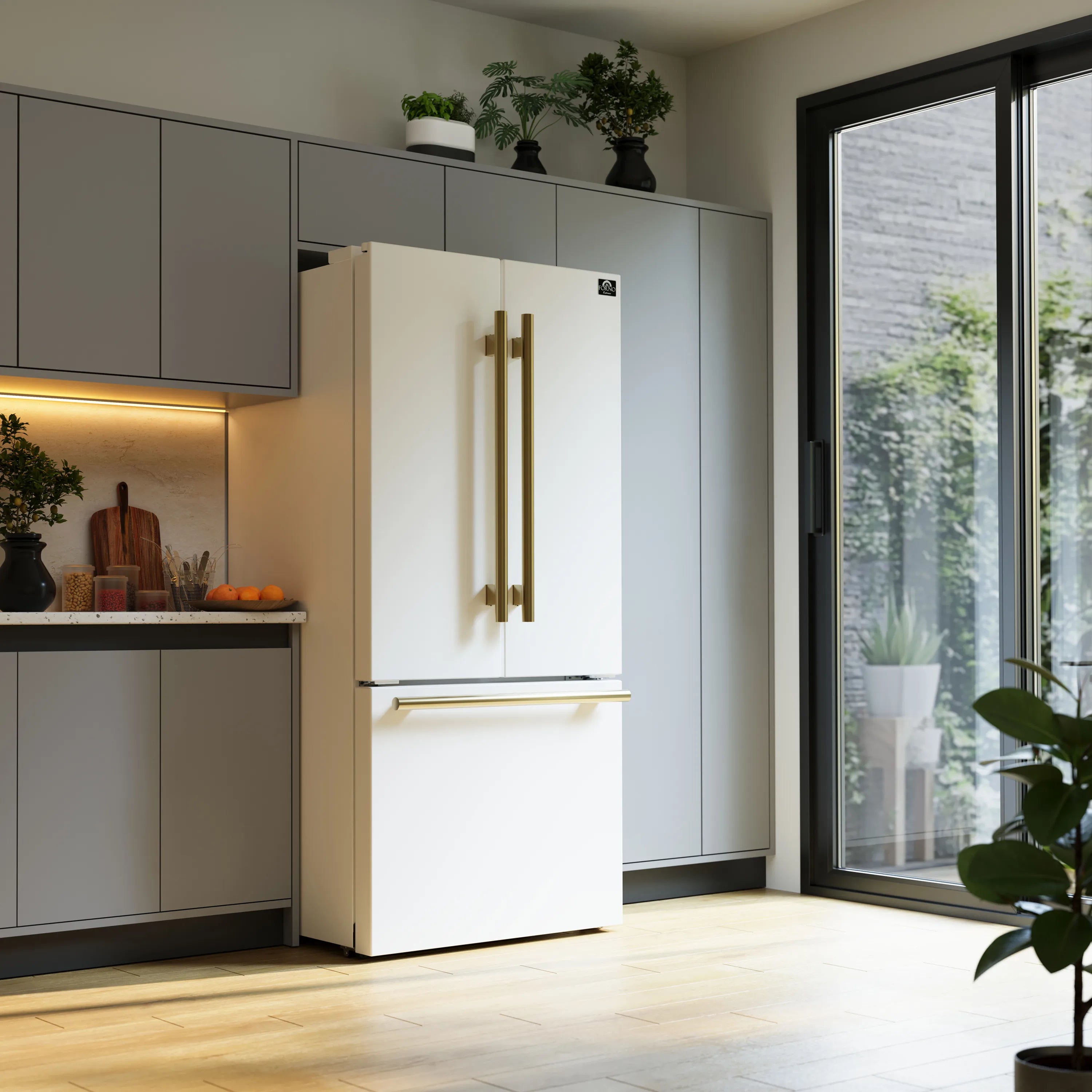 White French door refrigerator with antique brass handles in bright kitchen
