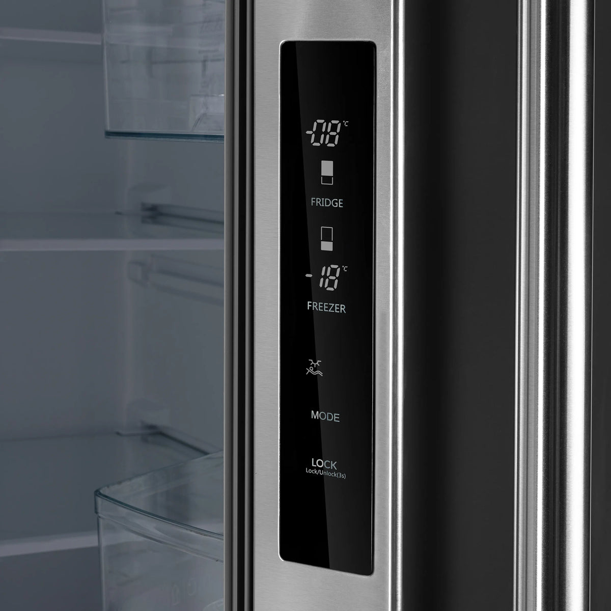 Stainless refrigerator dispenser panel with digital temperature display and icons