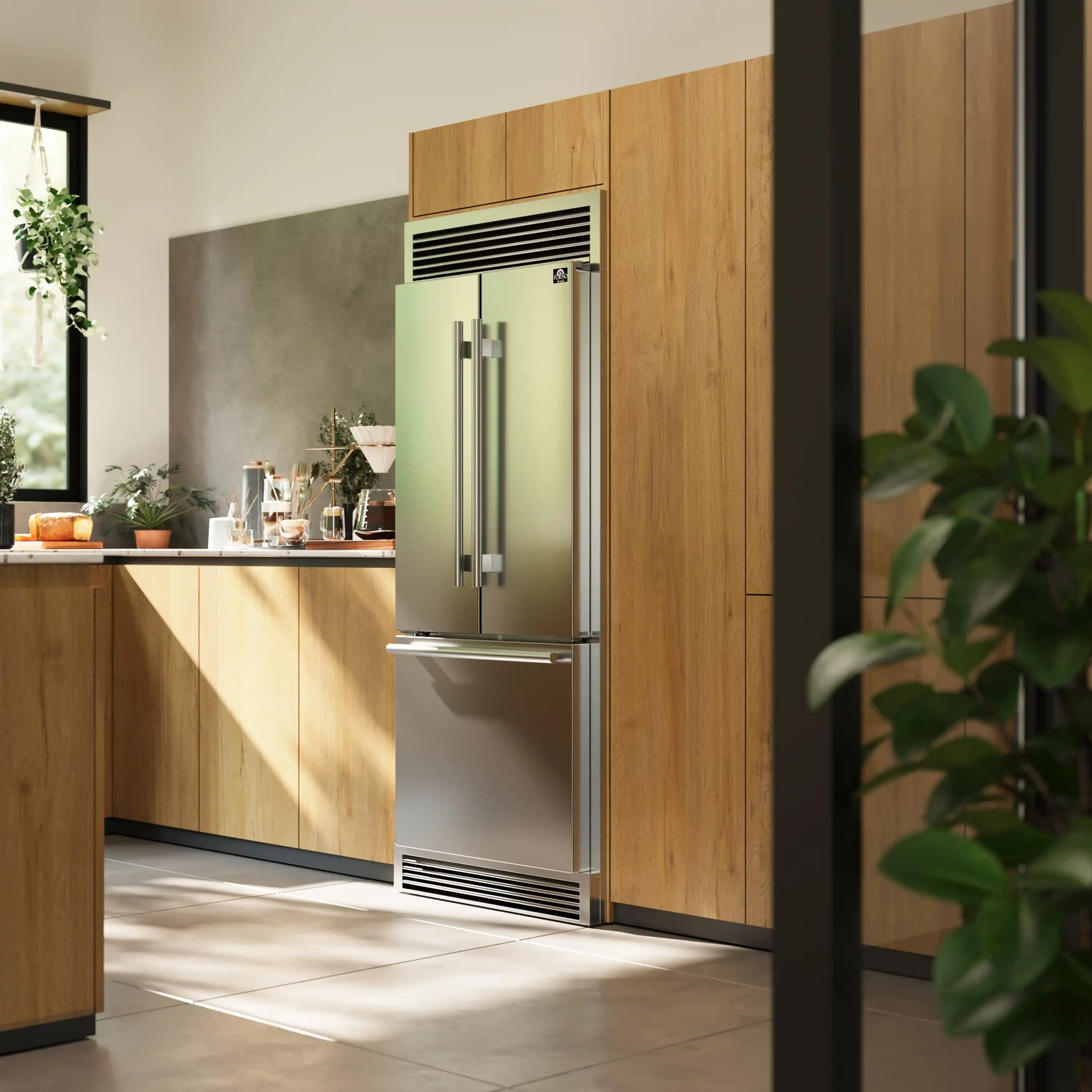Stainless steel French door built-in refrigerator in a modern kitchen