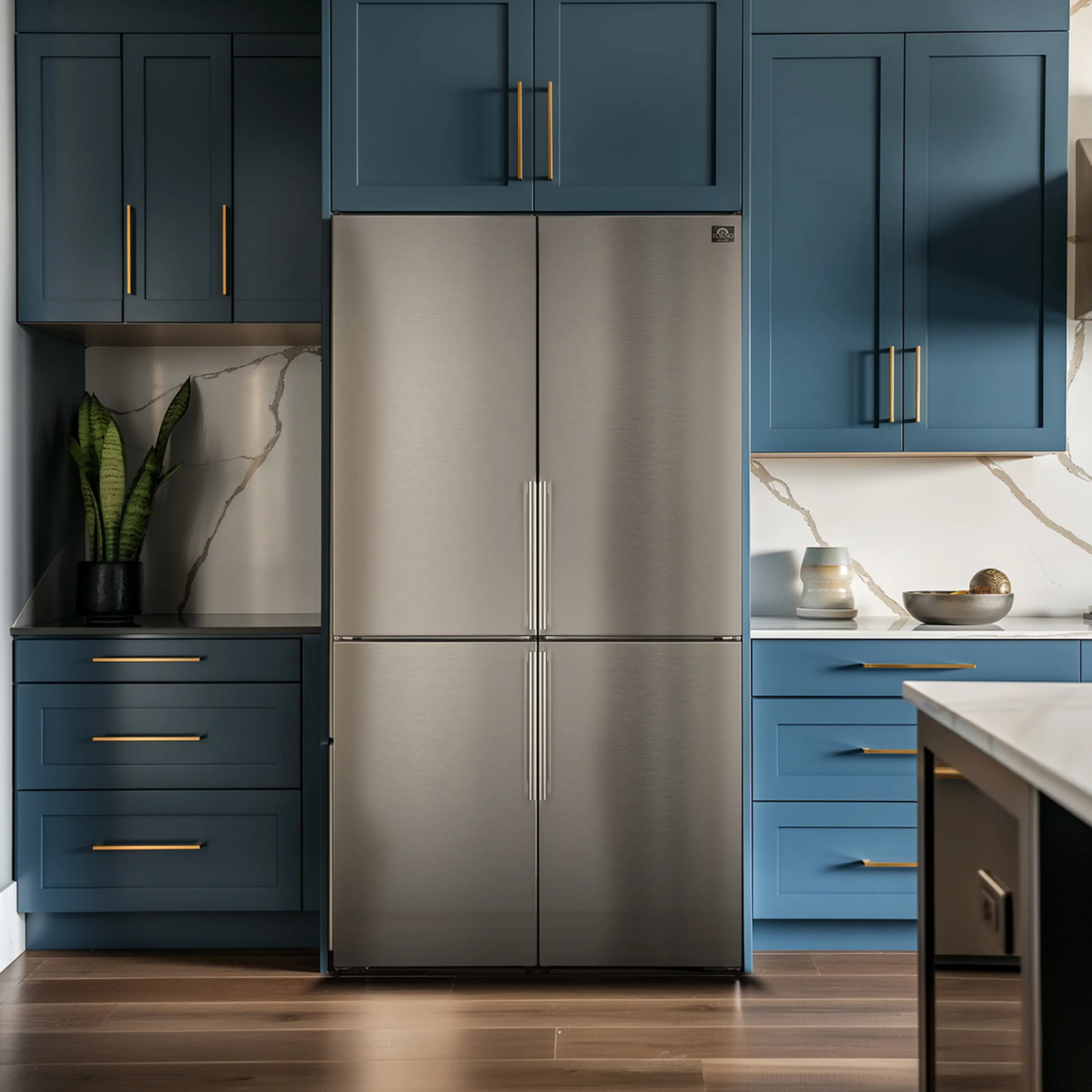 FORNO stainless steel double-door refrigerator in kitchen with center handle
