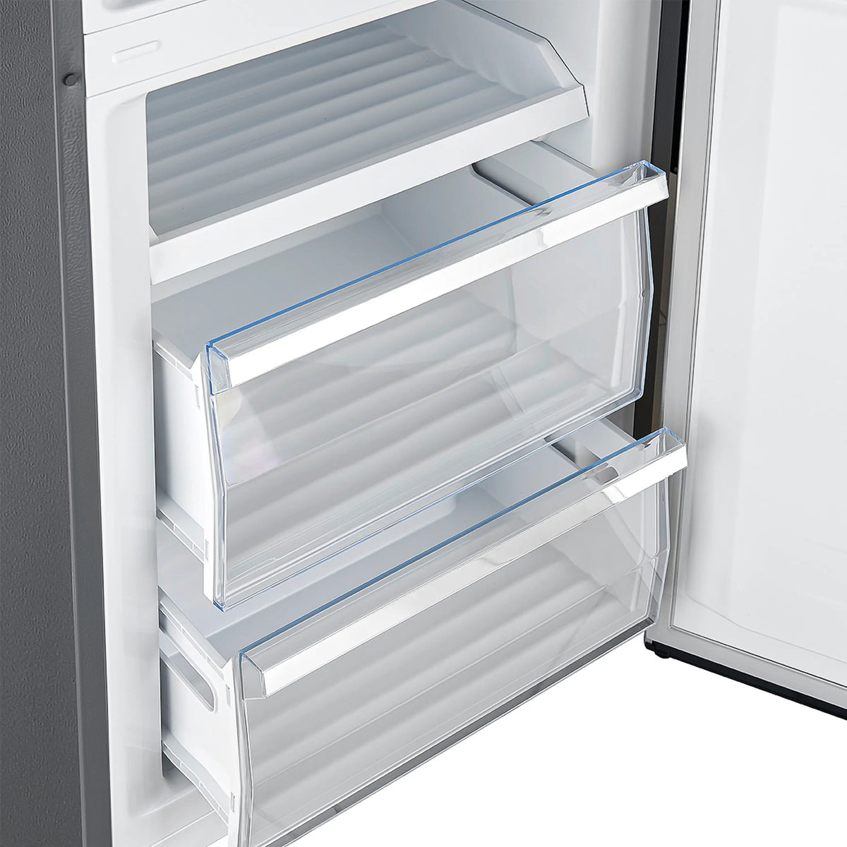 Refrigerator door with clear bins and blue-tinted shelf edges inside stainless steel