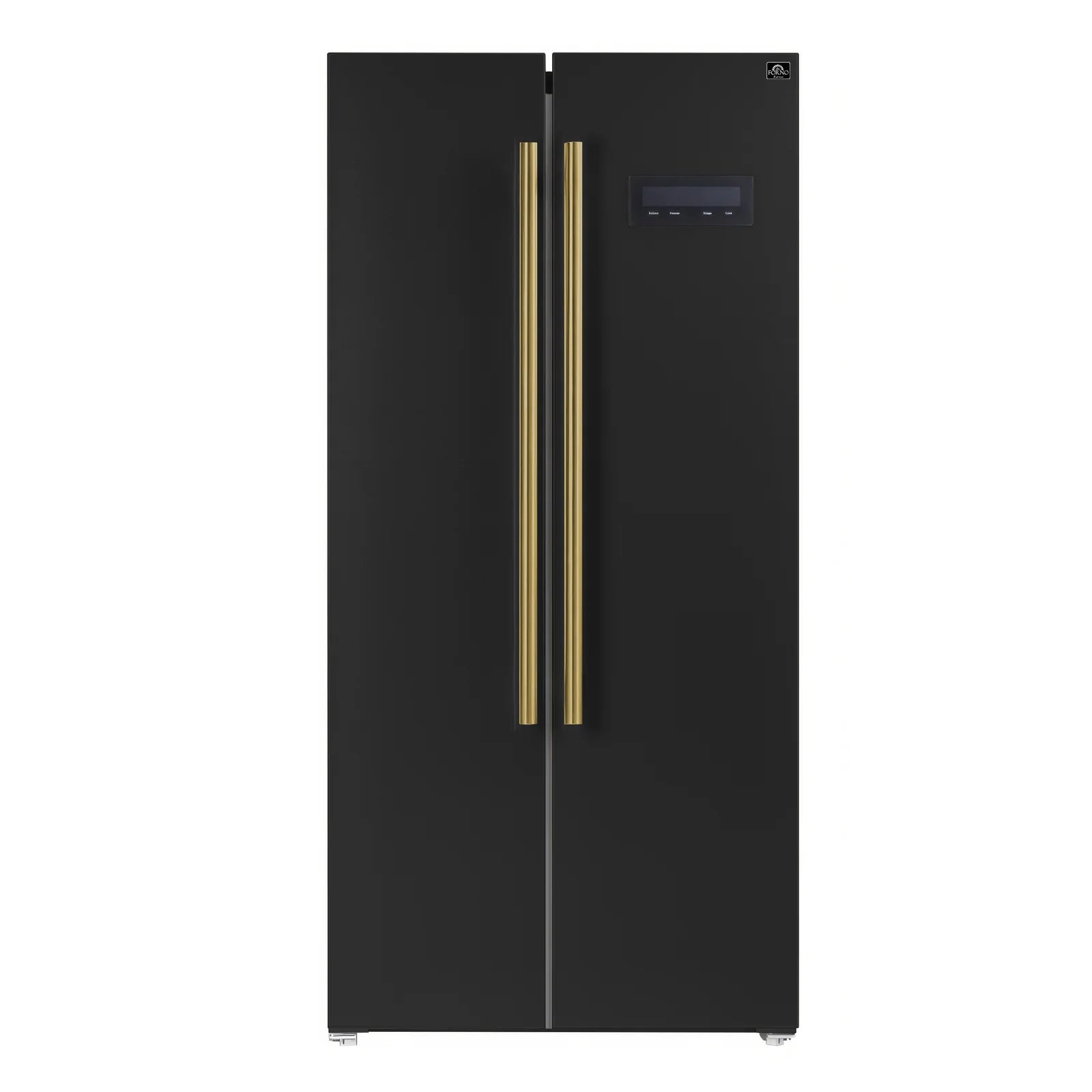 Black built-in refrigerator with vertical stainless handles and top control panel