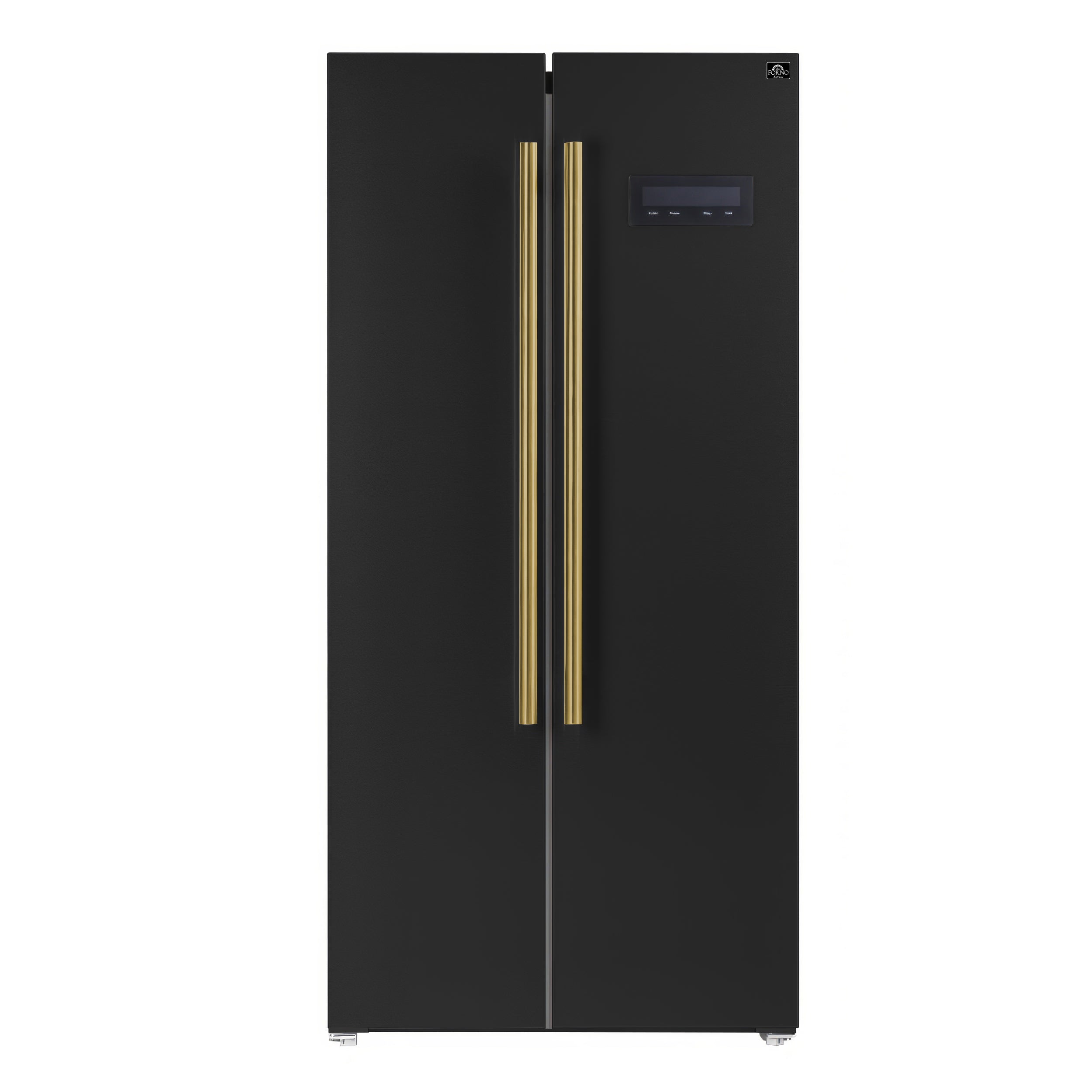 Black double-door refrigerator with antique-brass handle trim and touch control panel