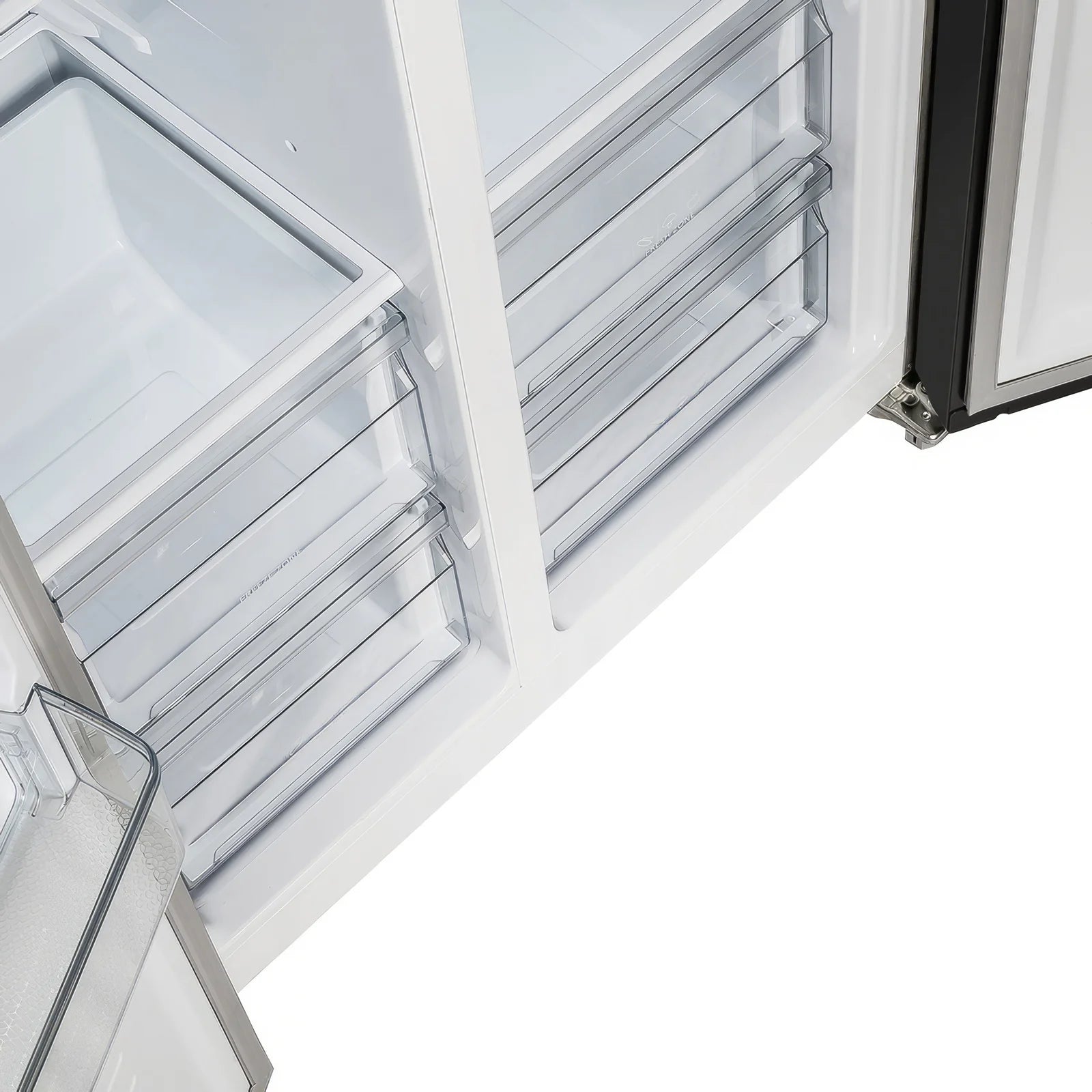 Open refrigerator drawer with transparent bins and adjustable interior rails