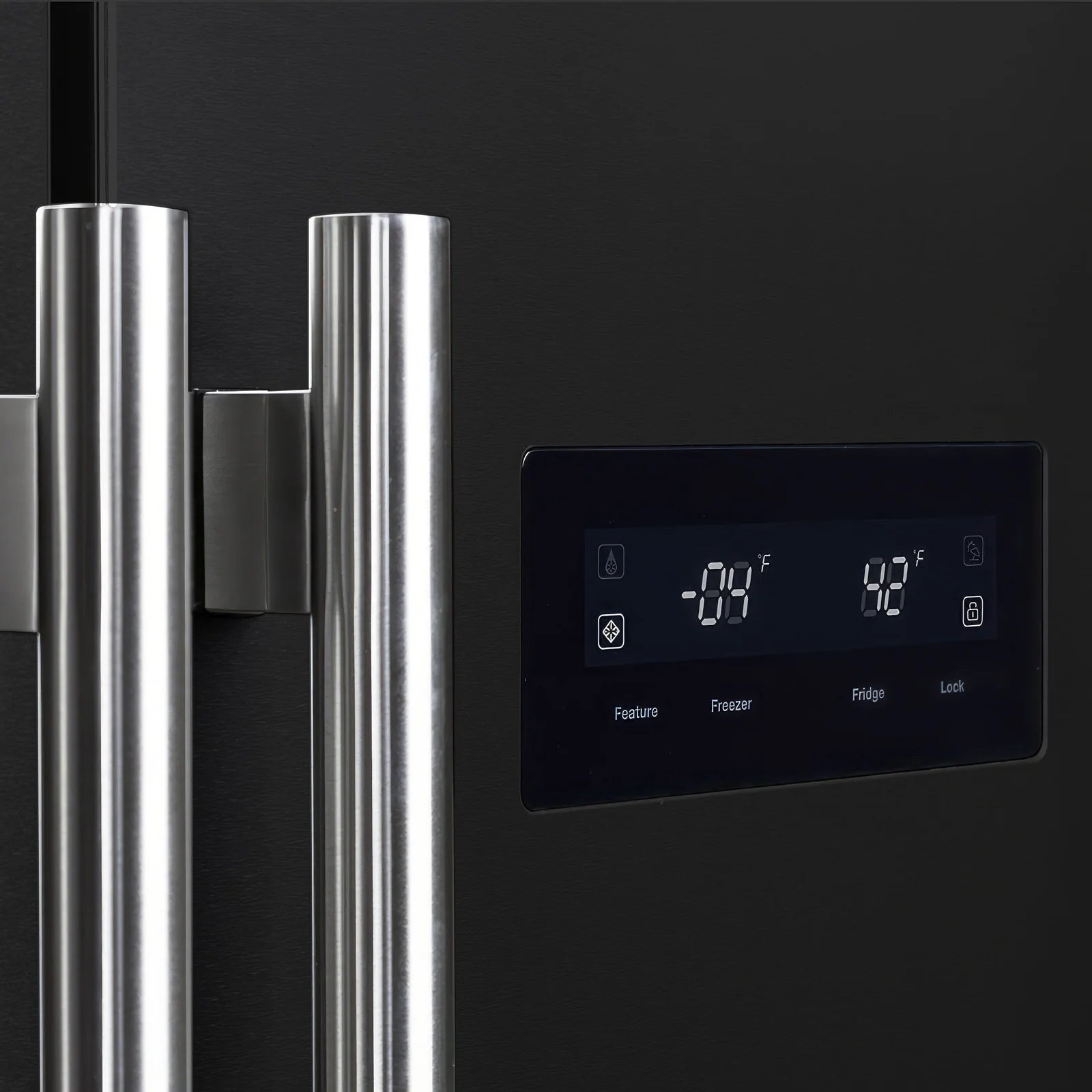 Black refrigerator control panel with digital display and two vertical stainless handles