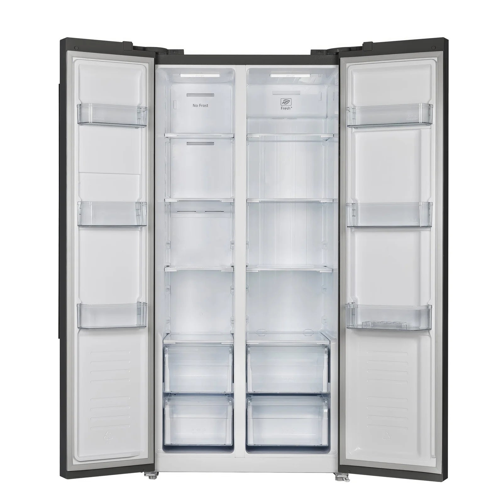 Open refrigerator with two side doors and multiple glass shelves