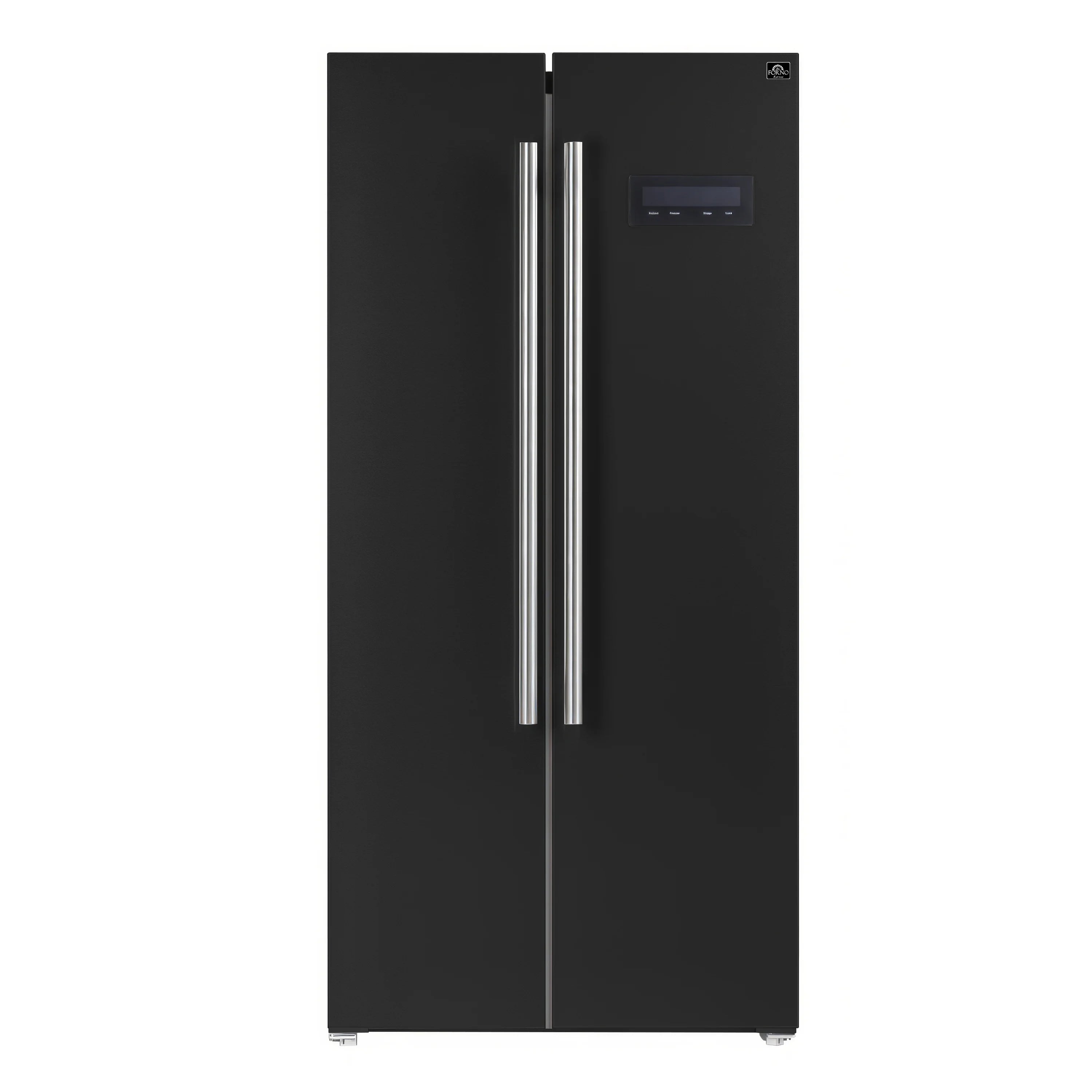 Black side-by-side refrigerator with stainless double handles and digital display
