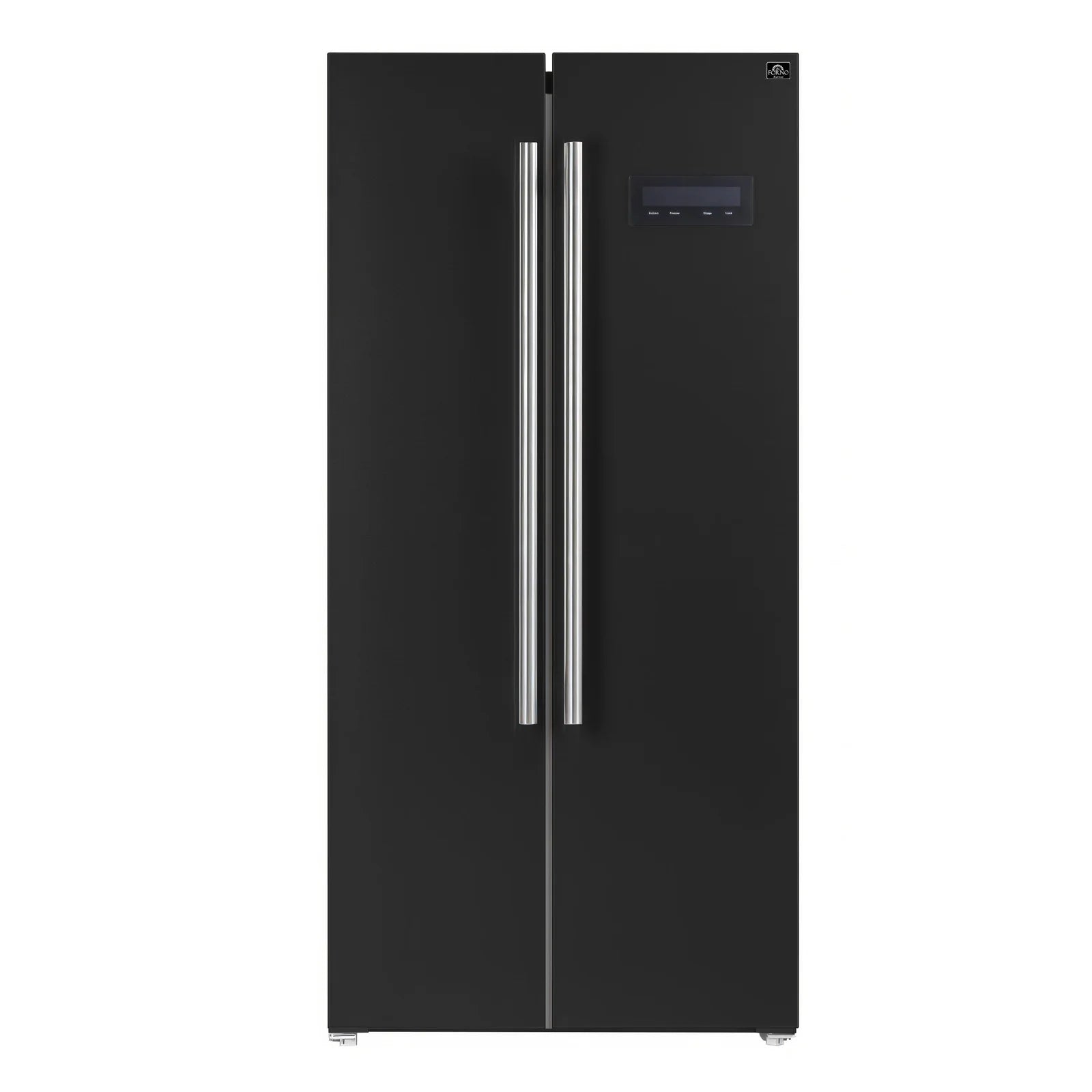 Black refrigerator with stainless double handles and digital control panel