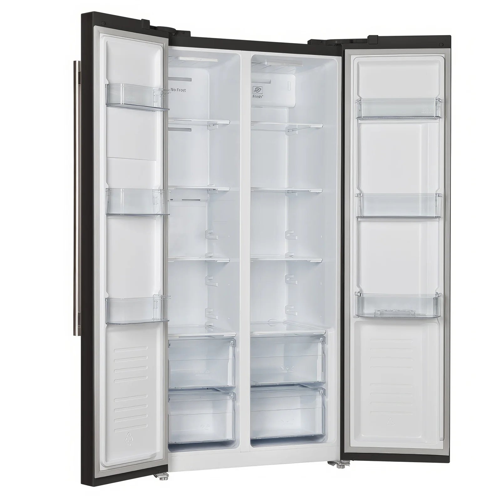 Black built-in refrigerator with two open doors and clear interior shelves