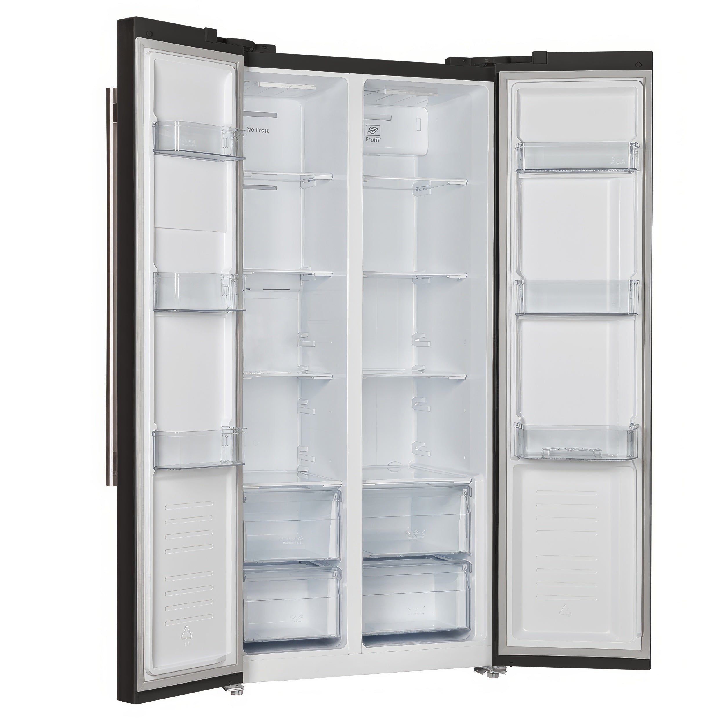 Open black refrigerator with white interior shelving and multiple clear storage bins