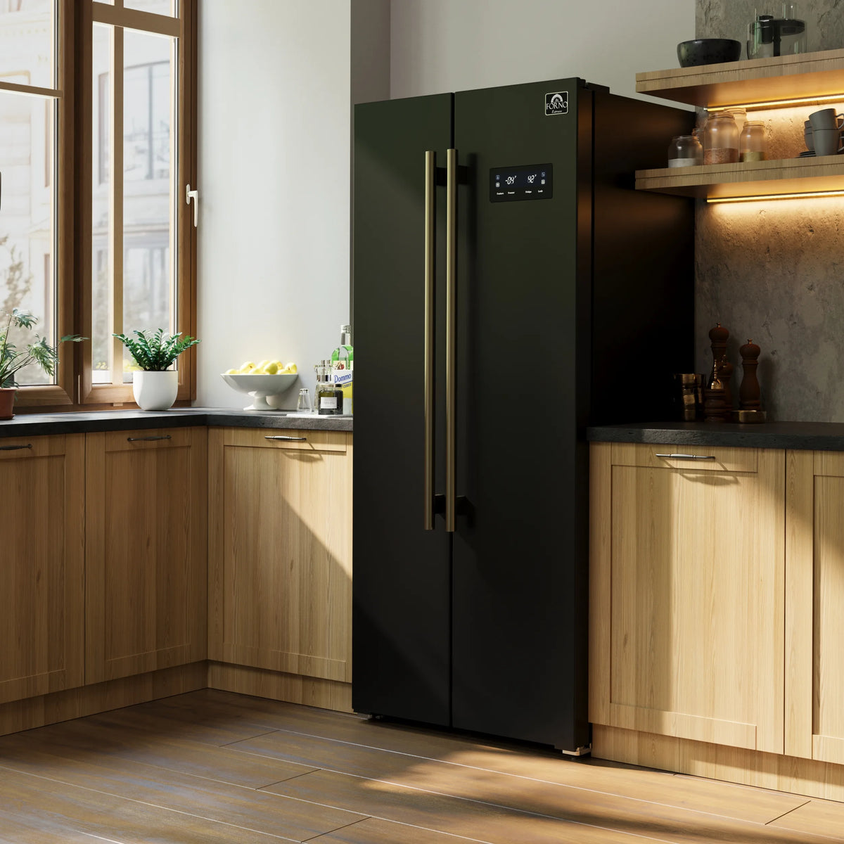 Forno Salerno Espresso 33-inch Side-by-Side 15.6 Cu.Ft. Refrigerator in Black with Stainless Steel Trim shown in a styled kitchen