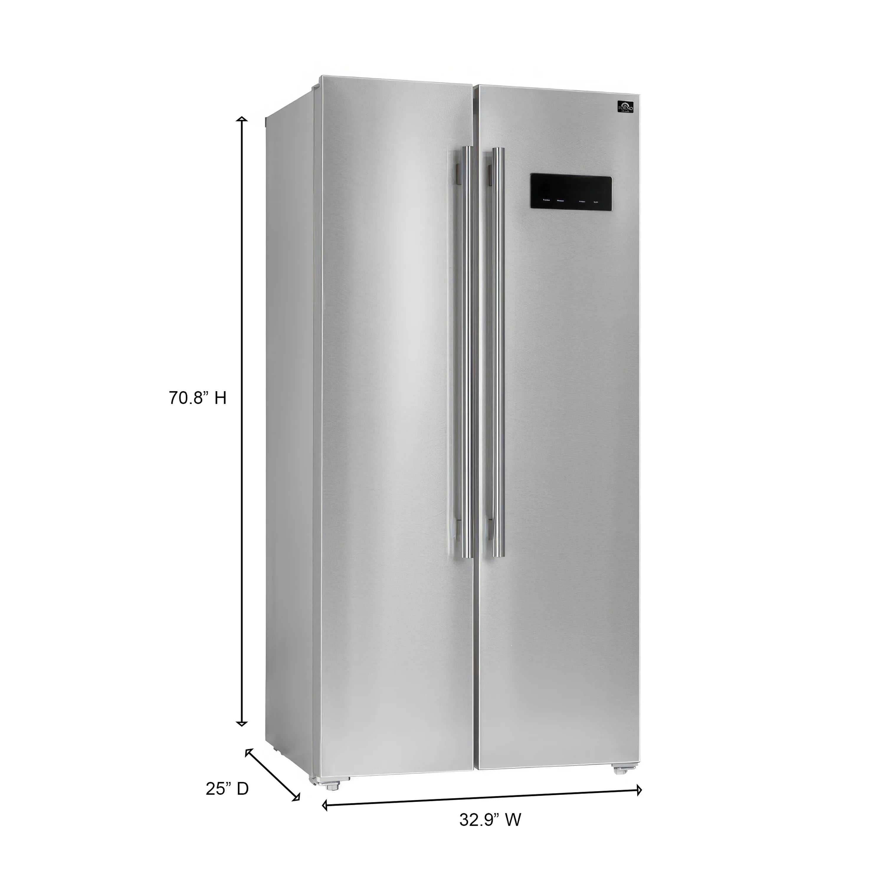 Stainless steel side-by-side refrigerator with double doors and control panel