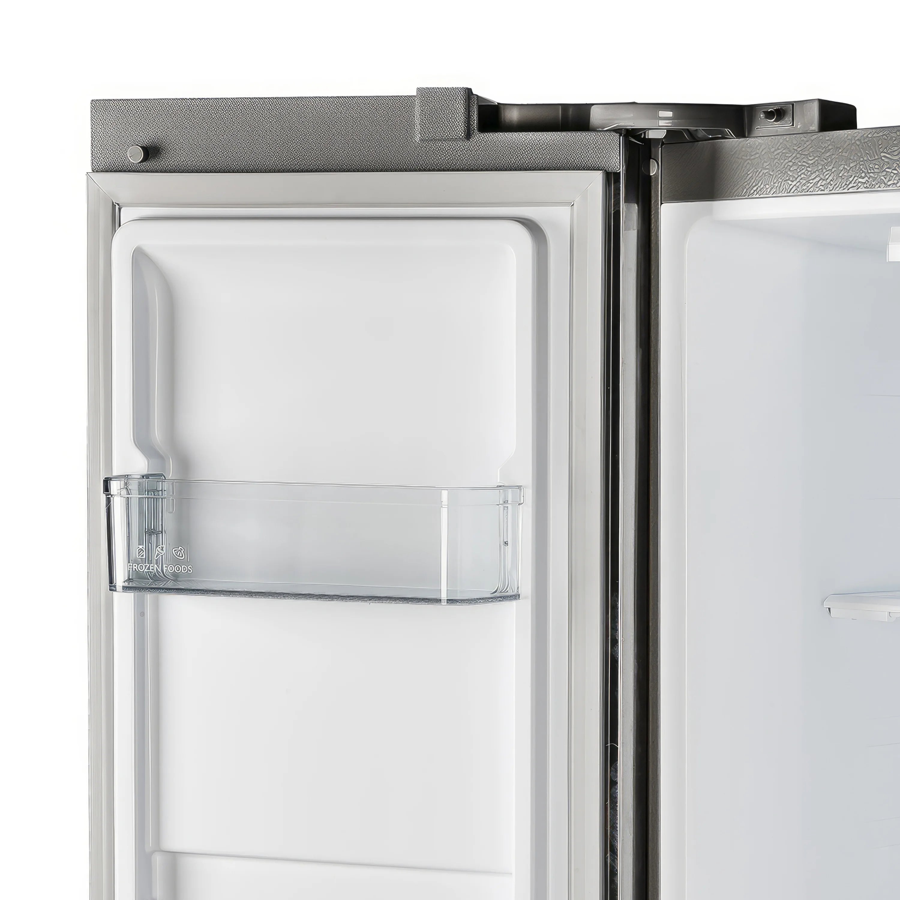 Refrigerator interior with glass shelf and clear storage bin, door-side rails