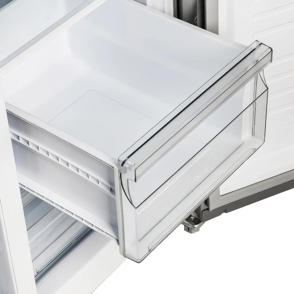 Refrigerator pull-out shelf with clear top bin and chrome trim