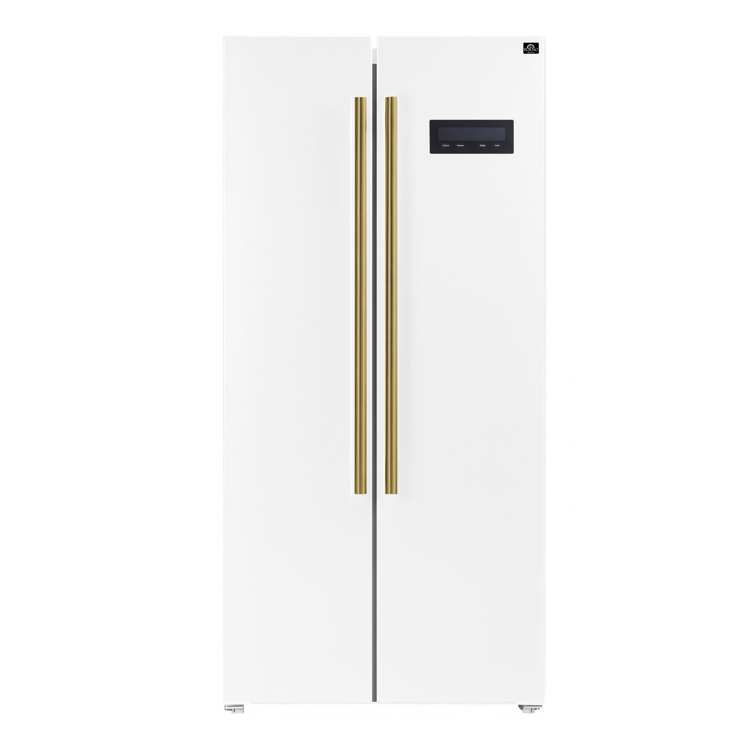 White side-by-side refrigerator with antique brass vertical handles and built-in display