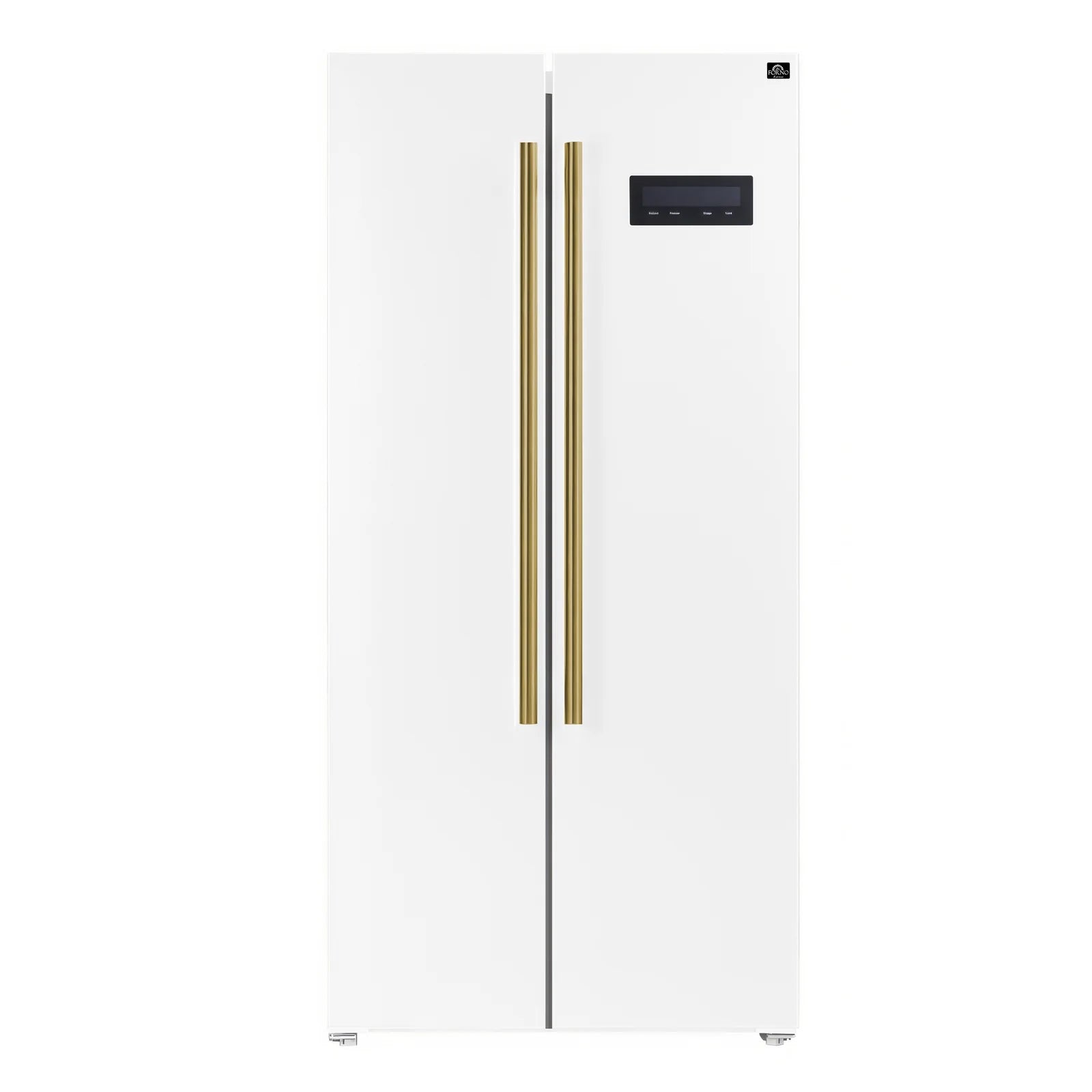 Built-in refrigerator in white with tall stainless double handles and display