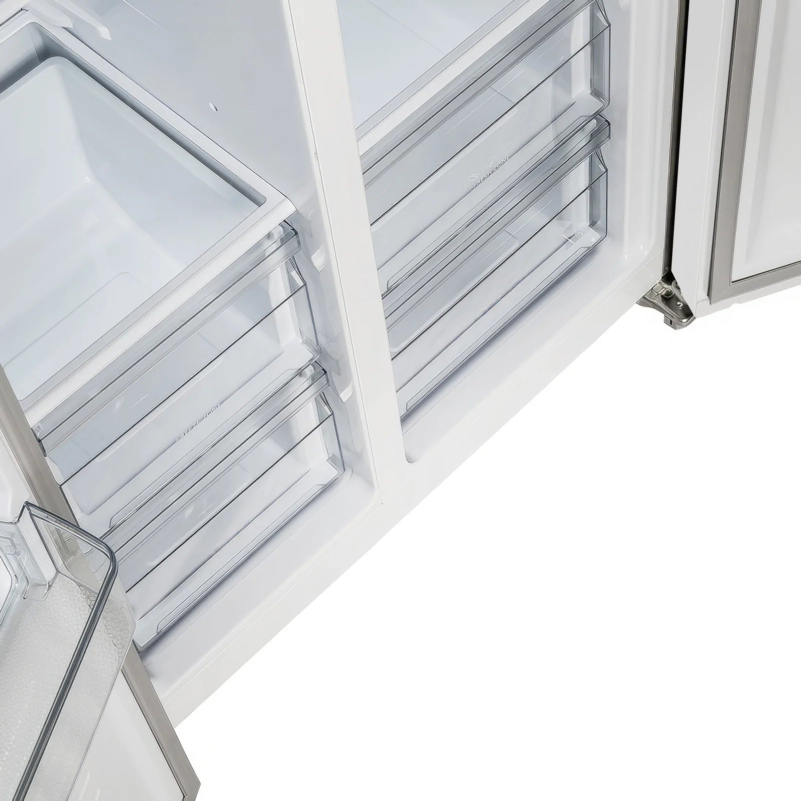 Refrigerator interior view with adjustable shelves and door-mounted bins
