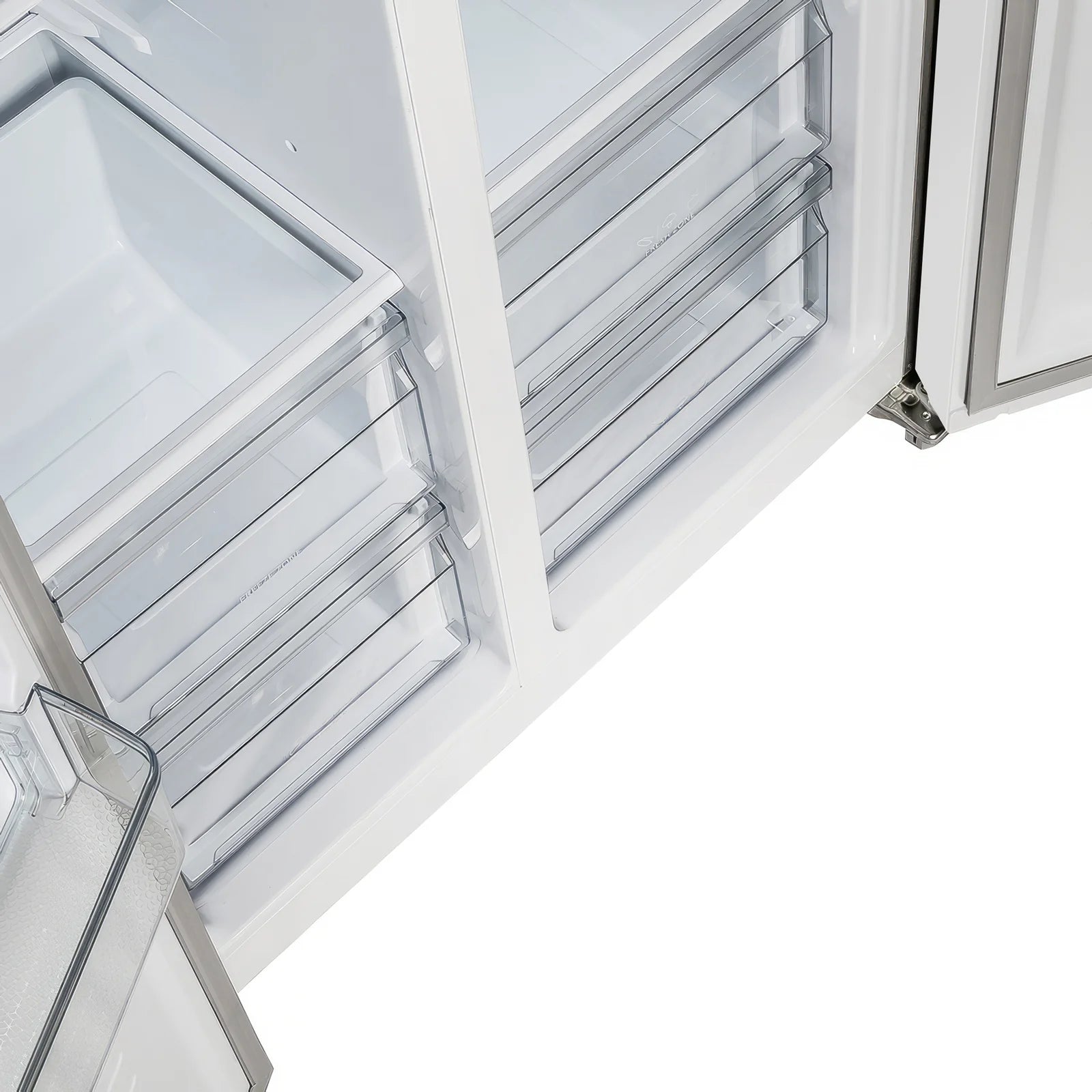 White refrigerator door interior with shelves and transparent glass bins