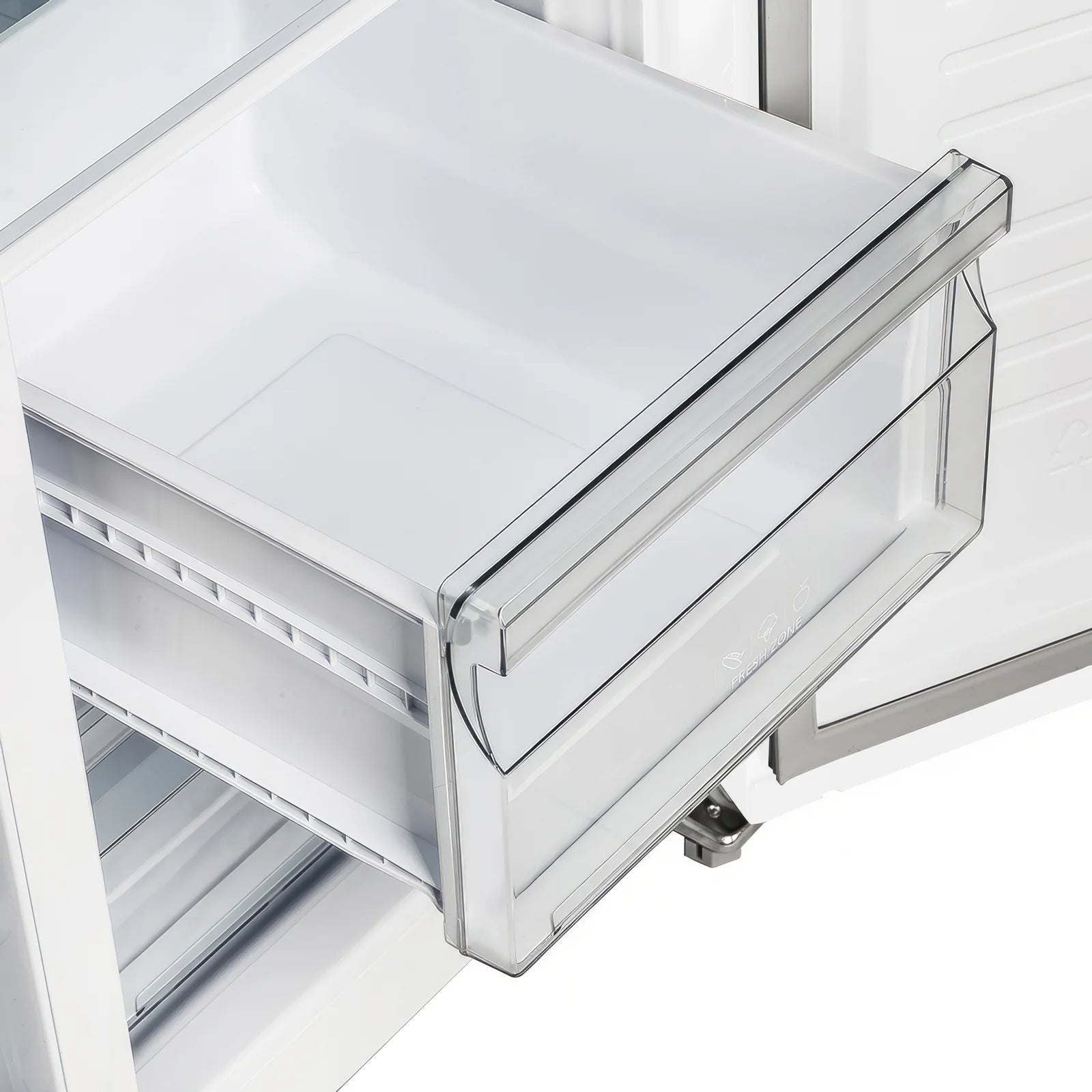 White refrigerator freezer drawer with clear glass shelf and metal trim handle