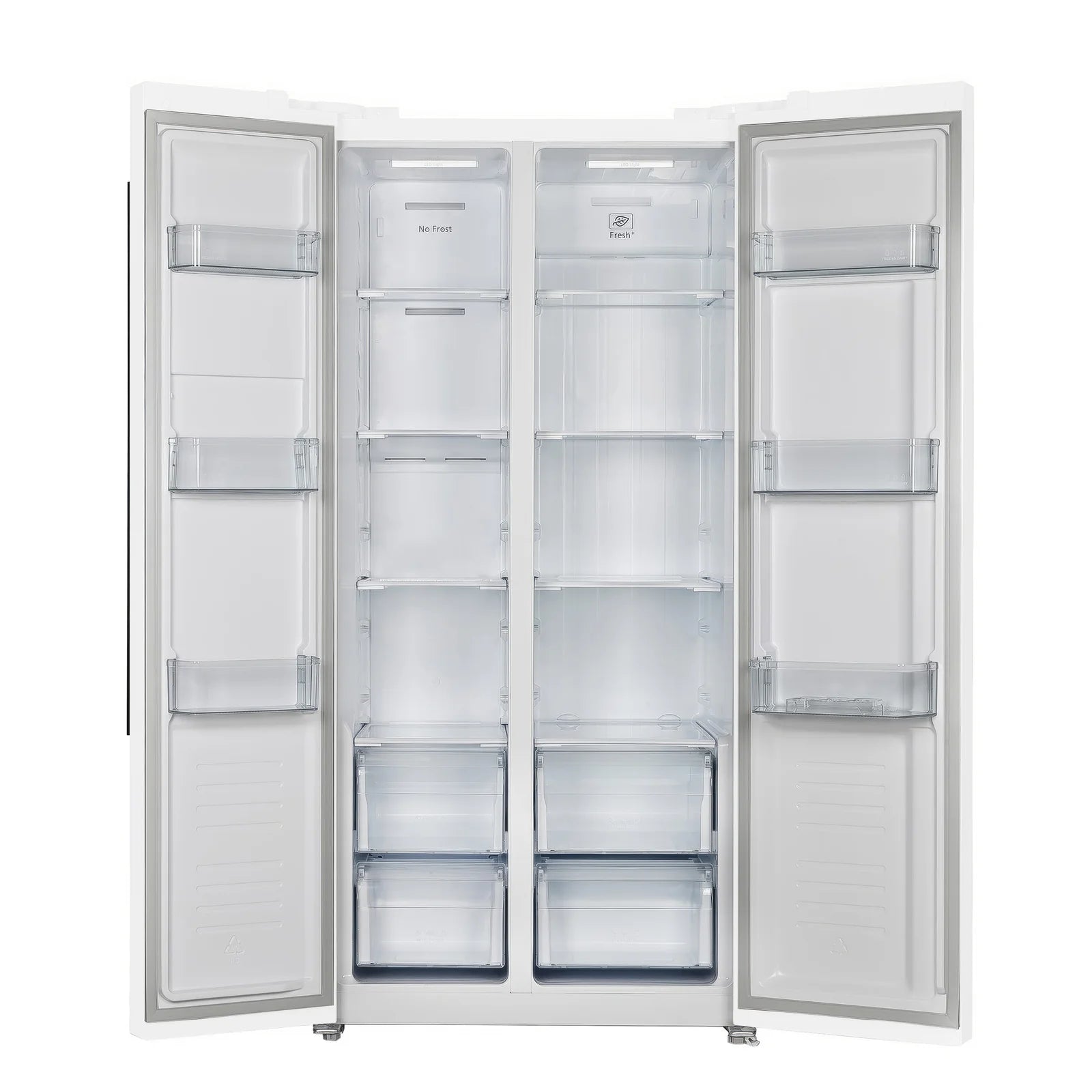 Open white refrigerator with removable shelves in refrigerator and freezer compartments