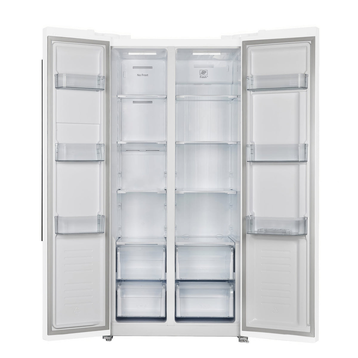 Open white side-by-side refrigerator with clear glass shelves and two refrigerator door bins