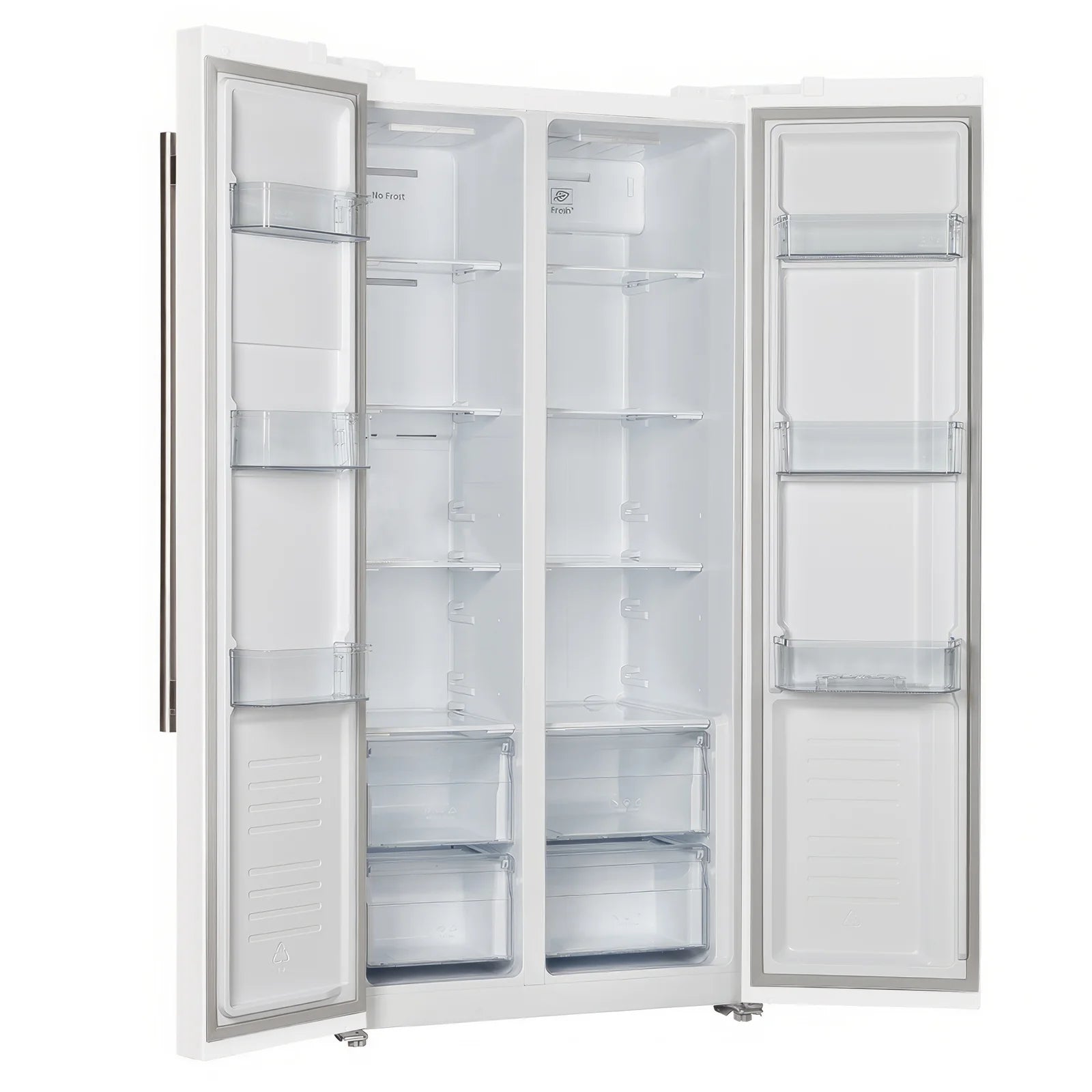 Open white double-door refrigerator showing shelves and bins in both compartments