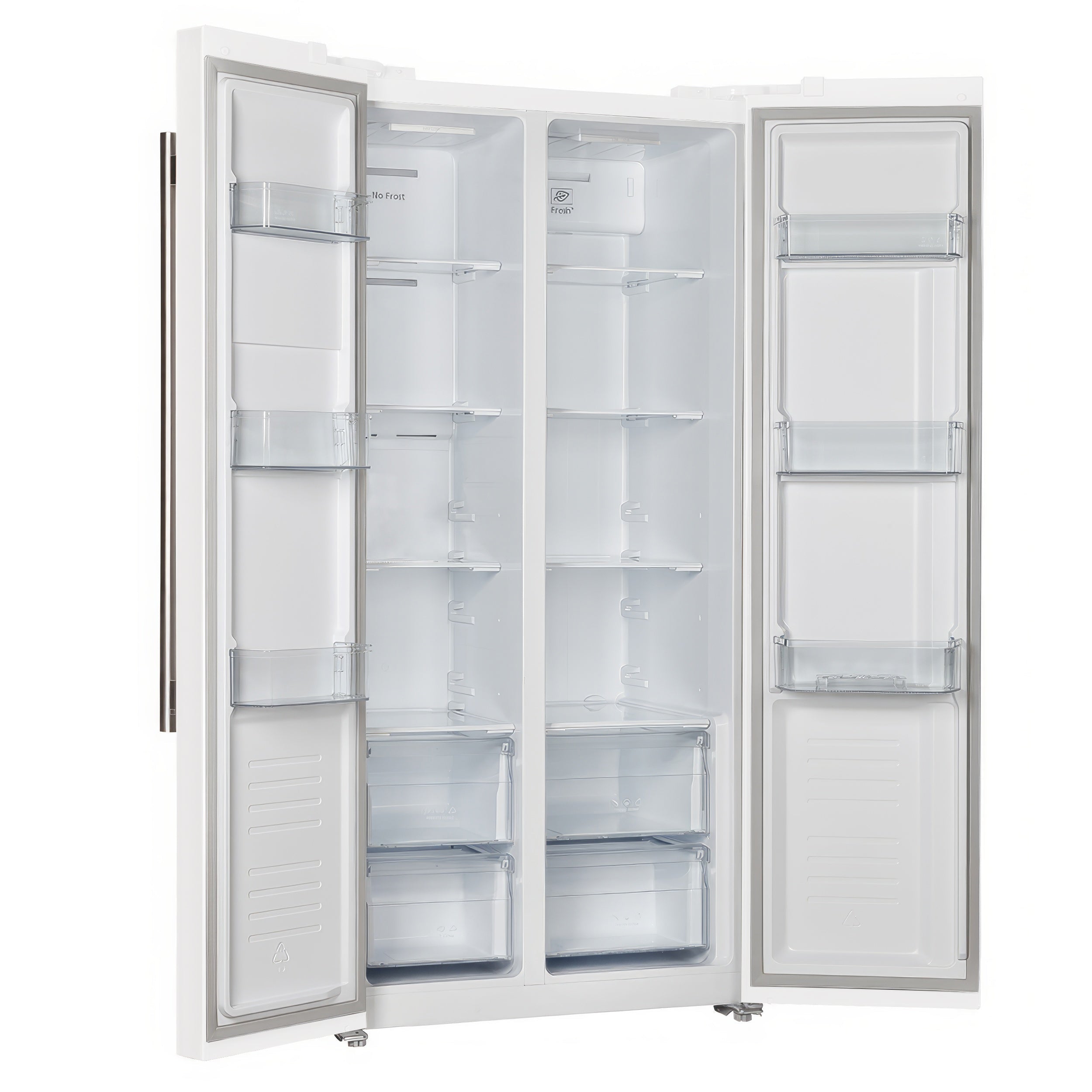 Open side-by-side refrigerator doors with glass shelves and interior storage bins