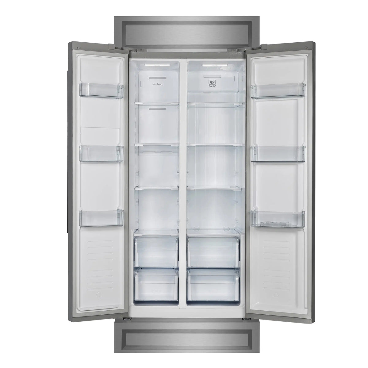 Built-in stainless refrigerator with doors open, clear glass shelves, and white interior bins