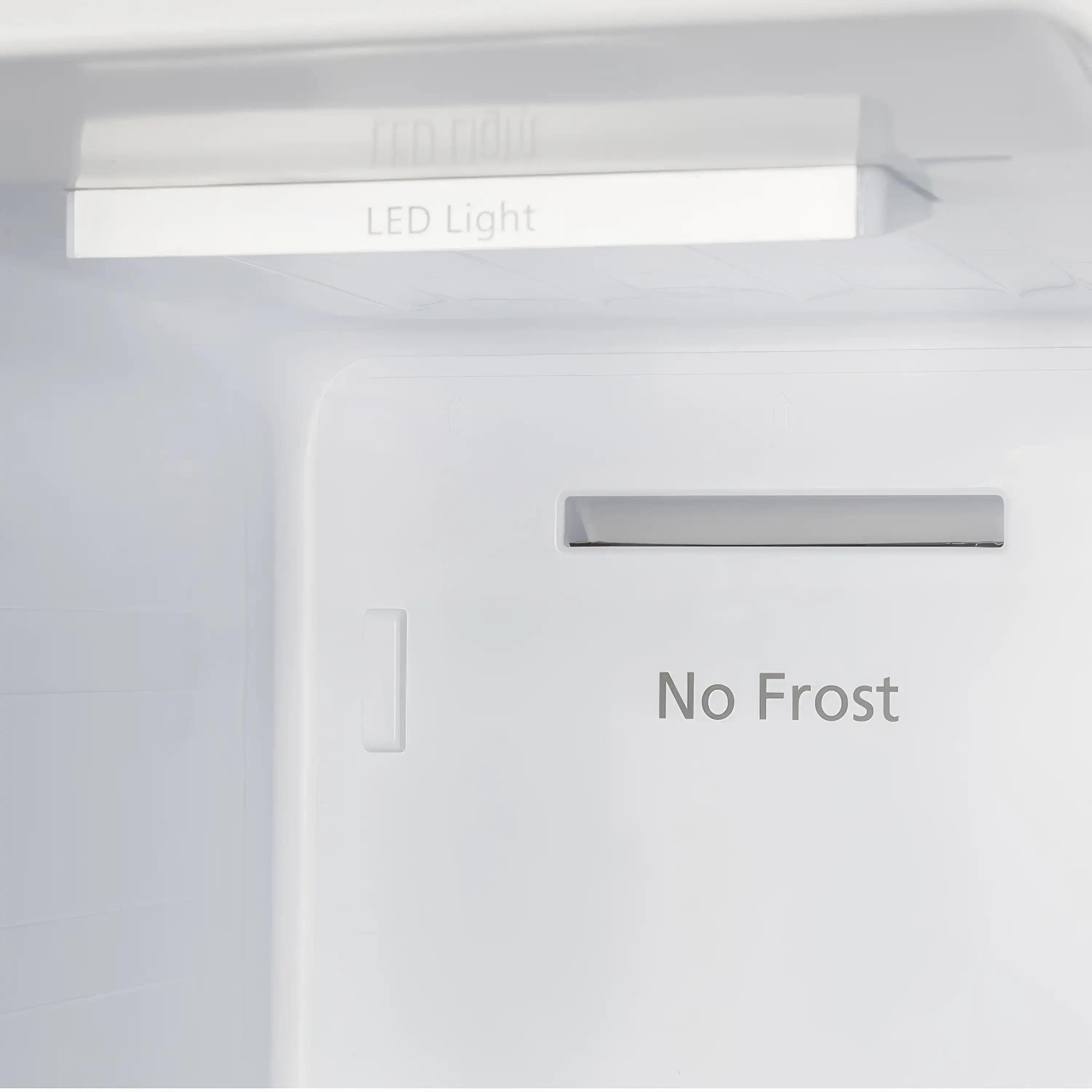 Refrigerator interior ceiling lights and “No Frost” panel on the back wall