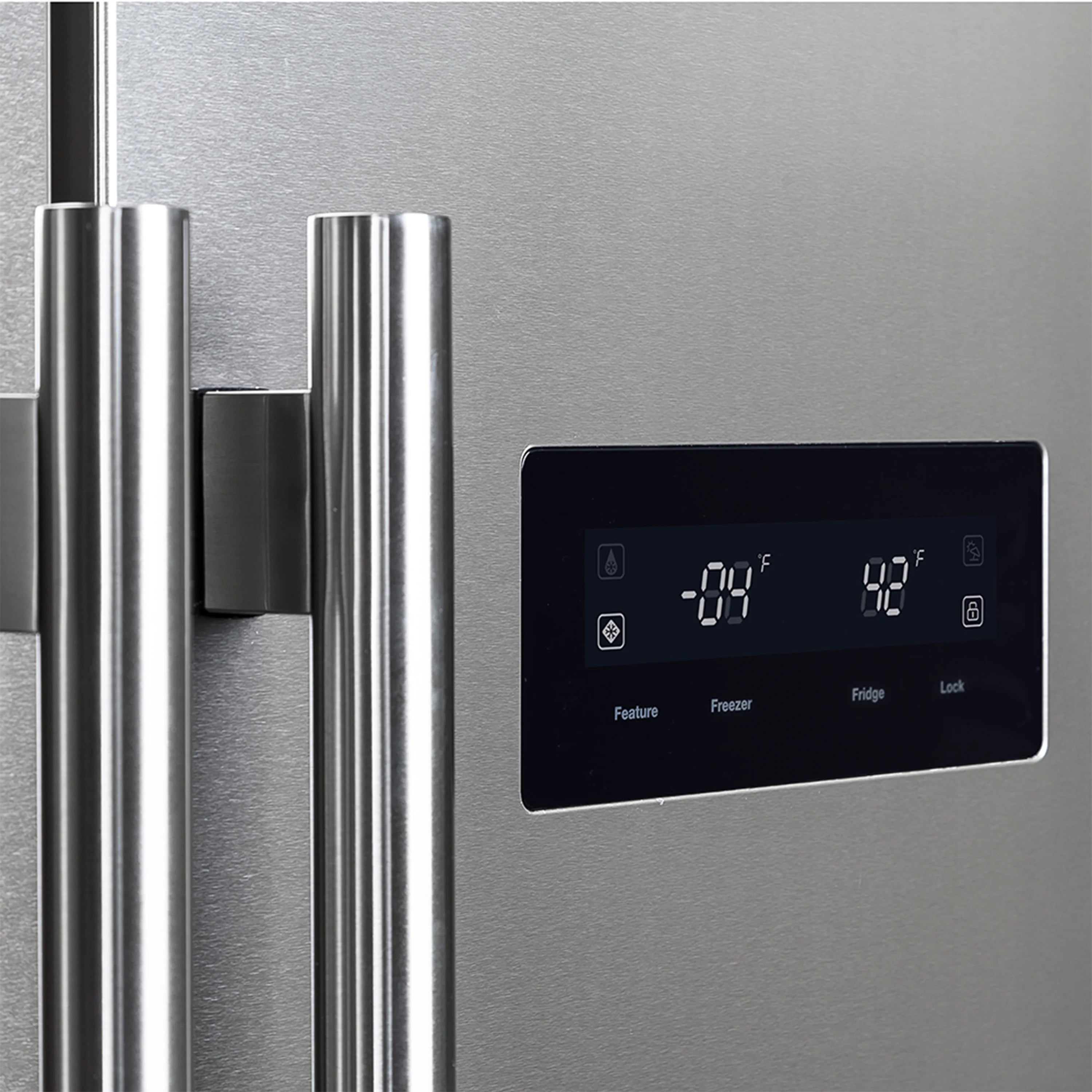 Digital temperature control panel showing 8°F and 68°F on stainless refrigerator