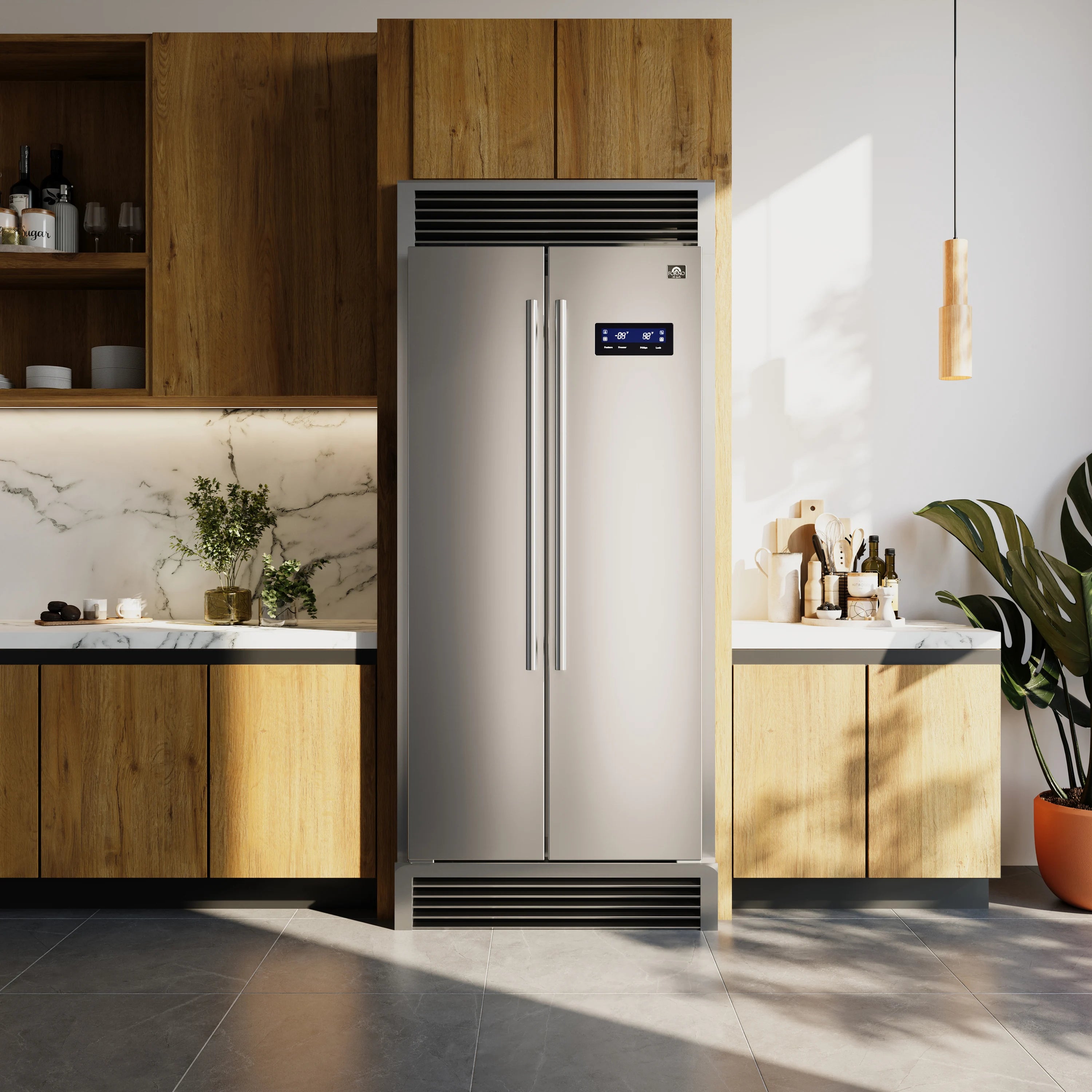 Stainless side-by-side counter-depth refrigerator with professional handles and control panel