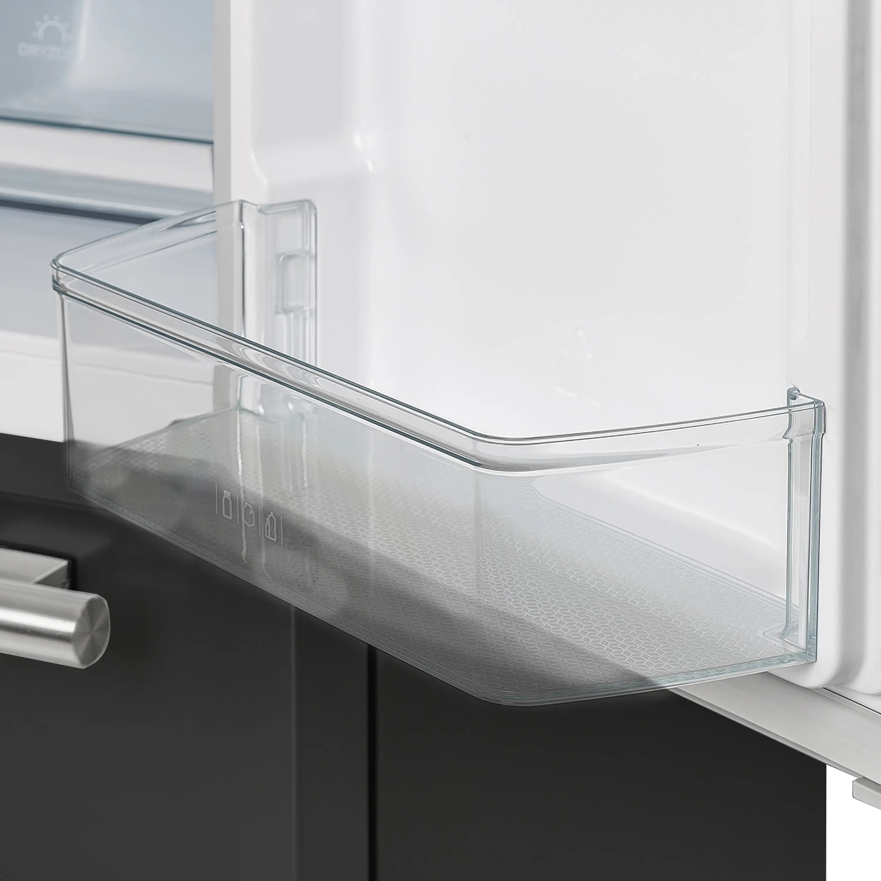 Refrigerator door bin with clear plastic cover and metal mounting frame