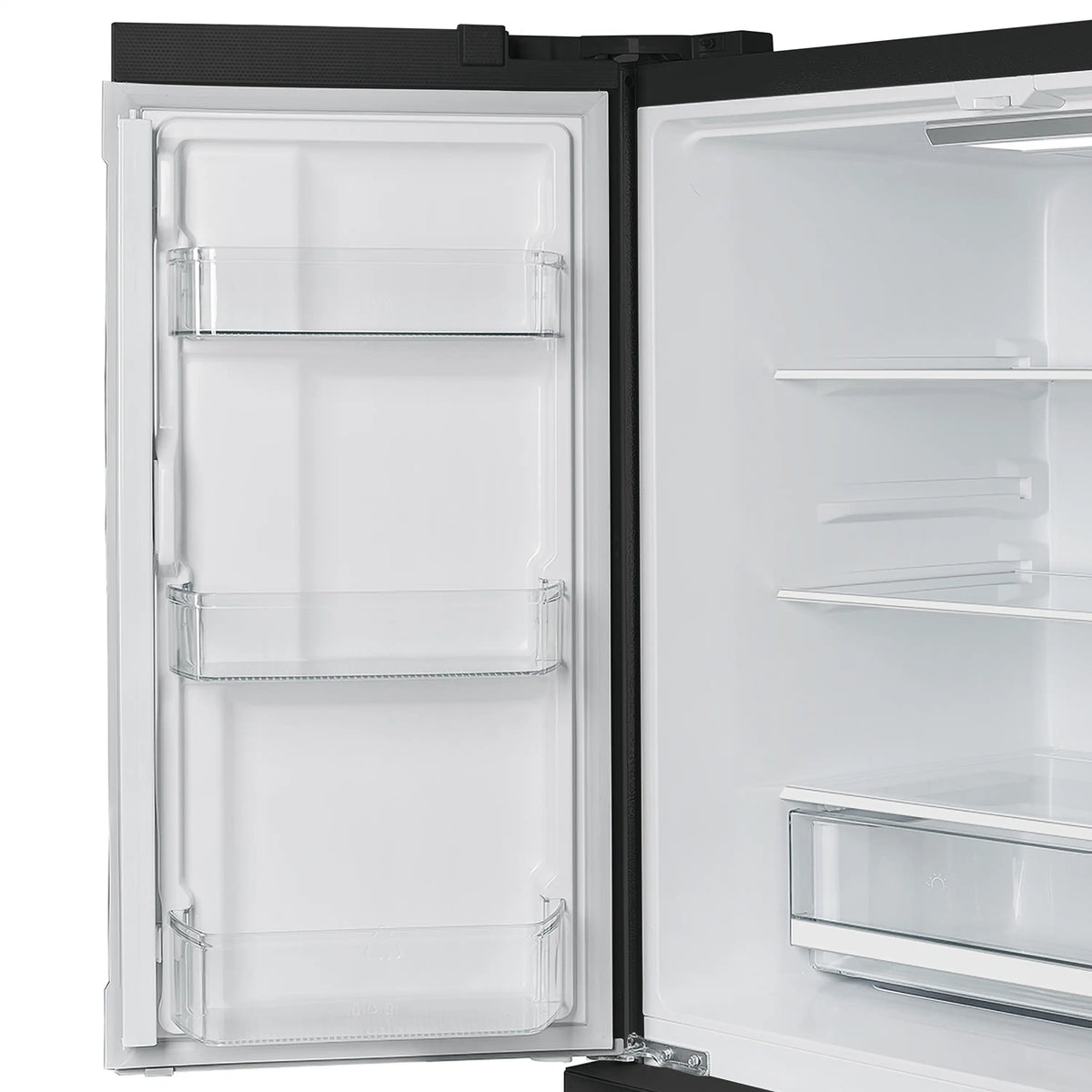 Black refrigerator with open doors, white interior shelves and compartments visible