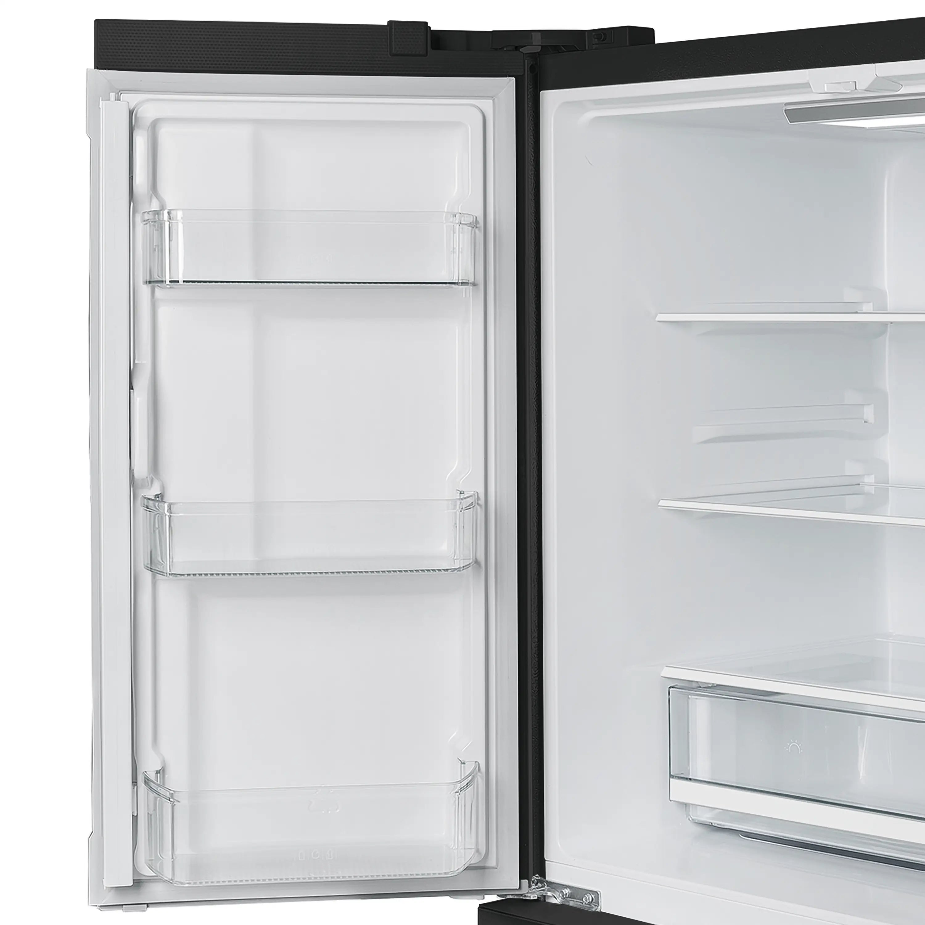 Black refrigerator with open doors and adjustable glass shelves for storage
