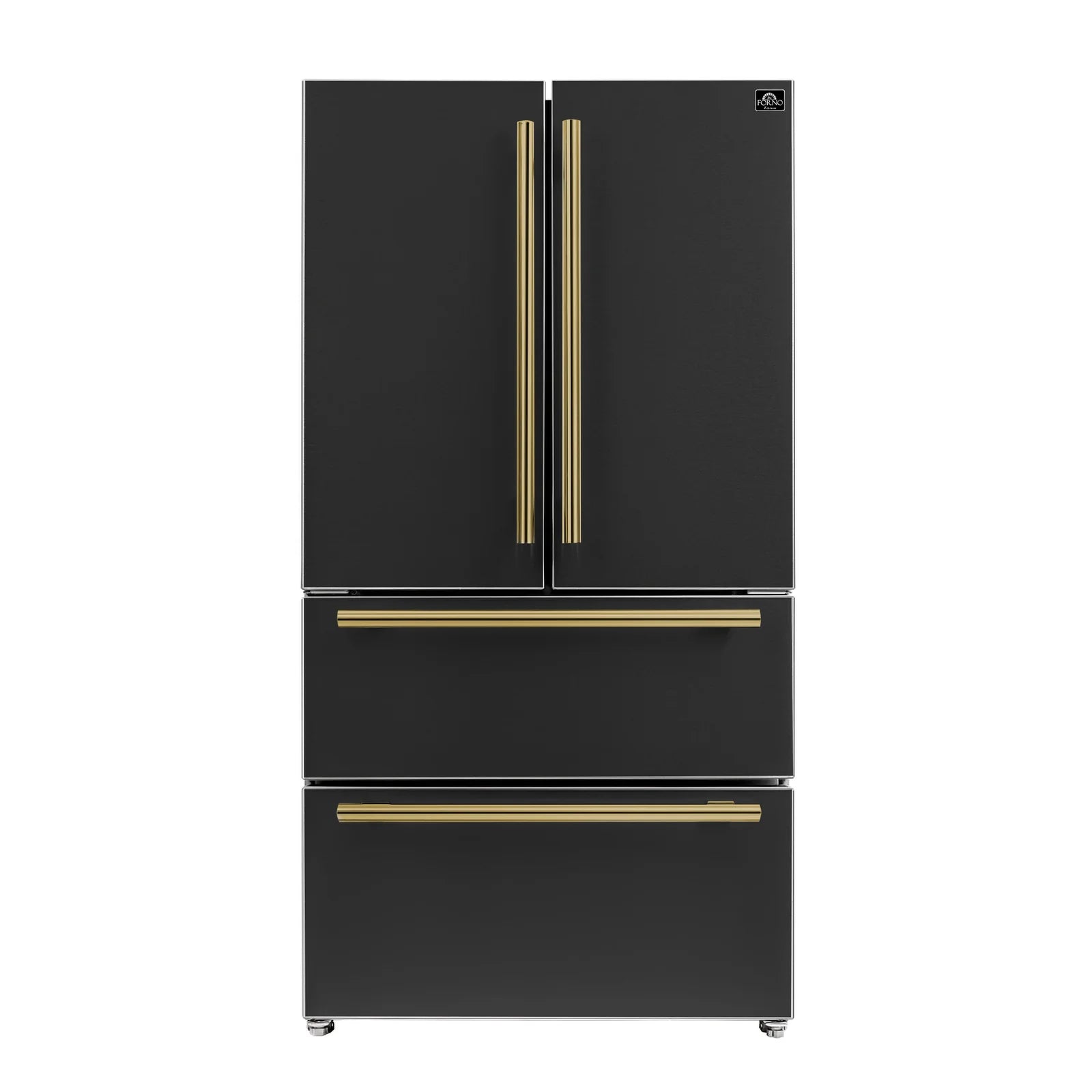 Black refrigerator with antique brass double vertical handles