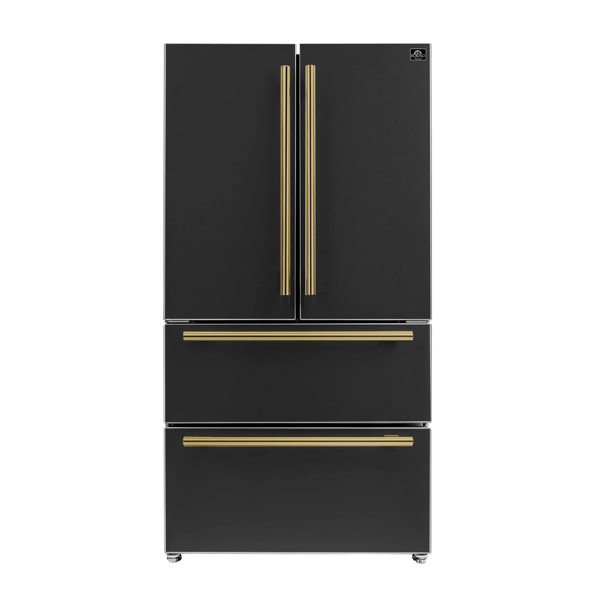 French door refrigerator, black finish with antique brass bar handles