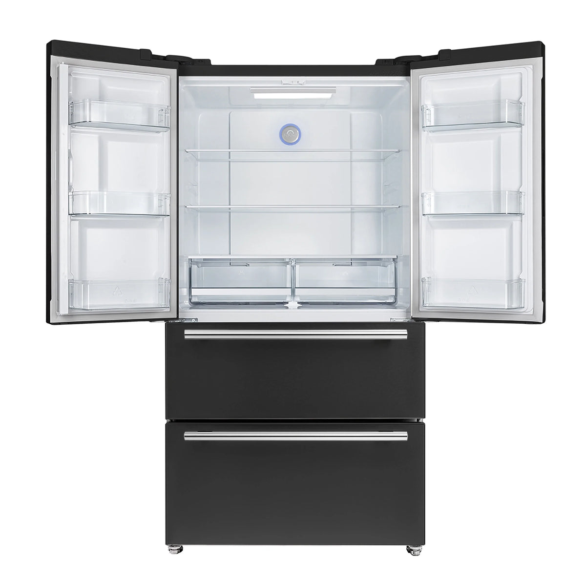 French door refrigerator interior with shelves and door compartments
