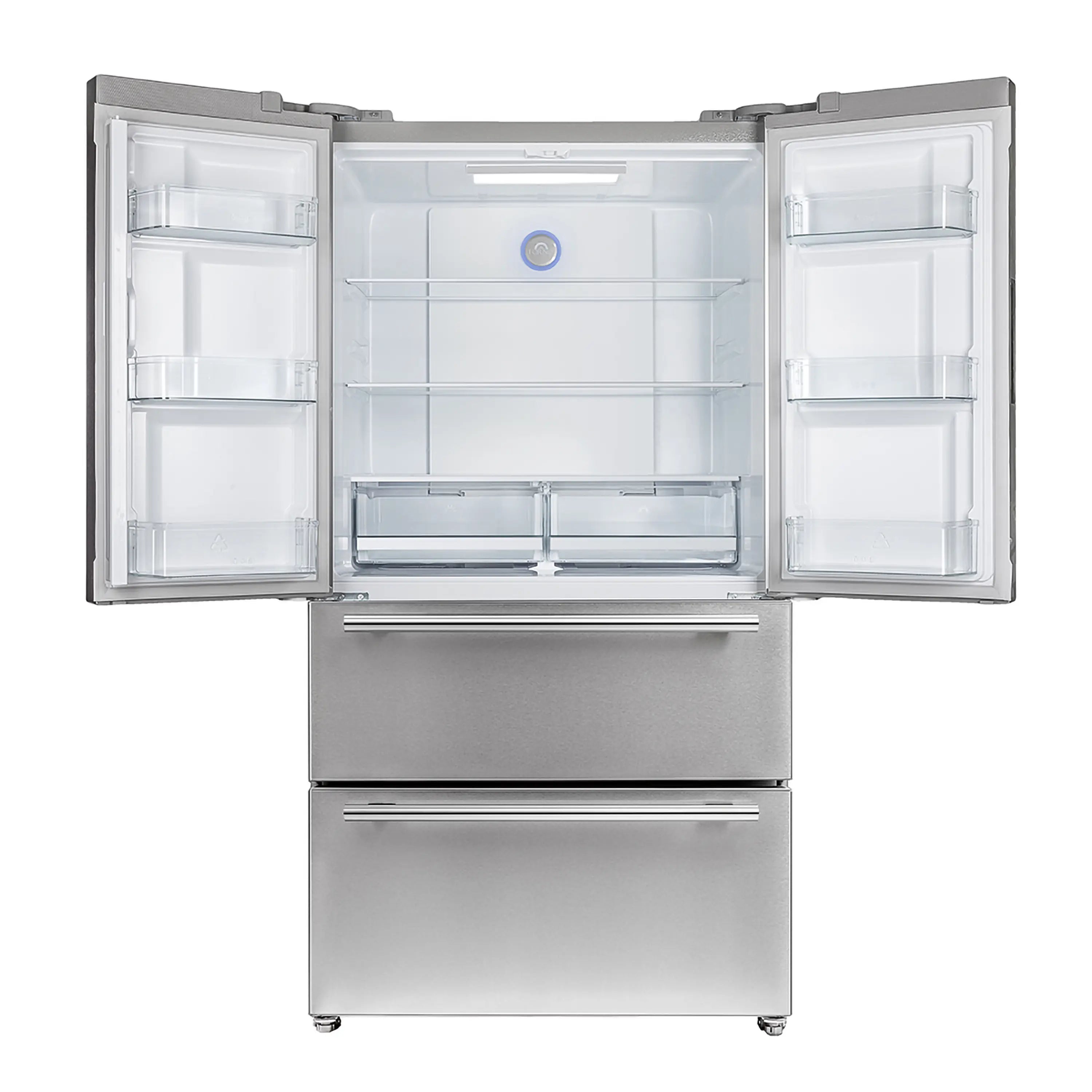 Stainless steel refrigerator with both doors open, showing interior shelves and bins