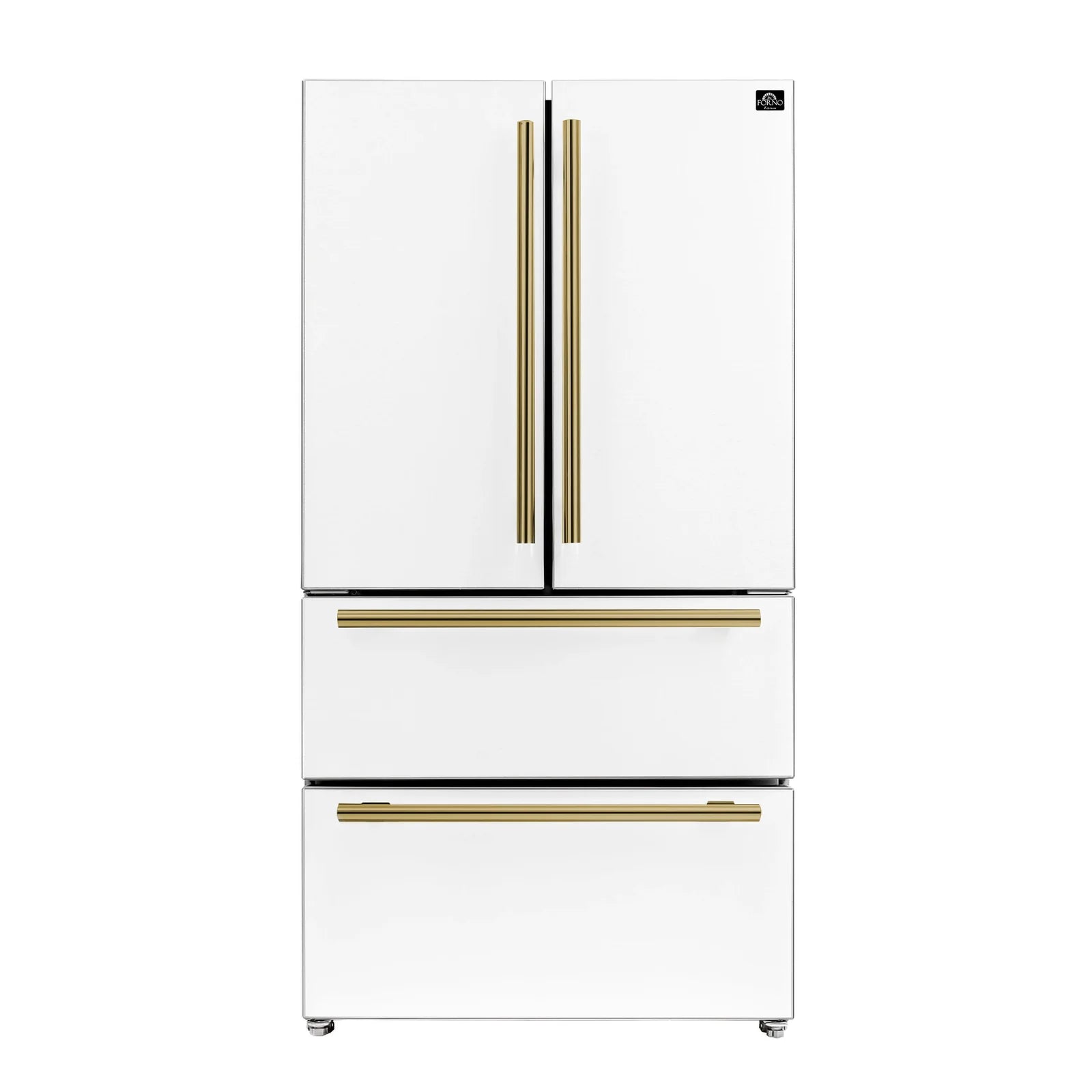White refrigerator with double doors and vertical antique brass bar handles