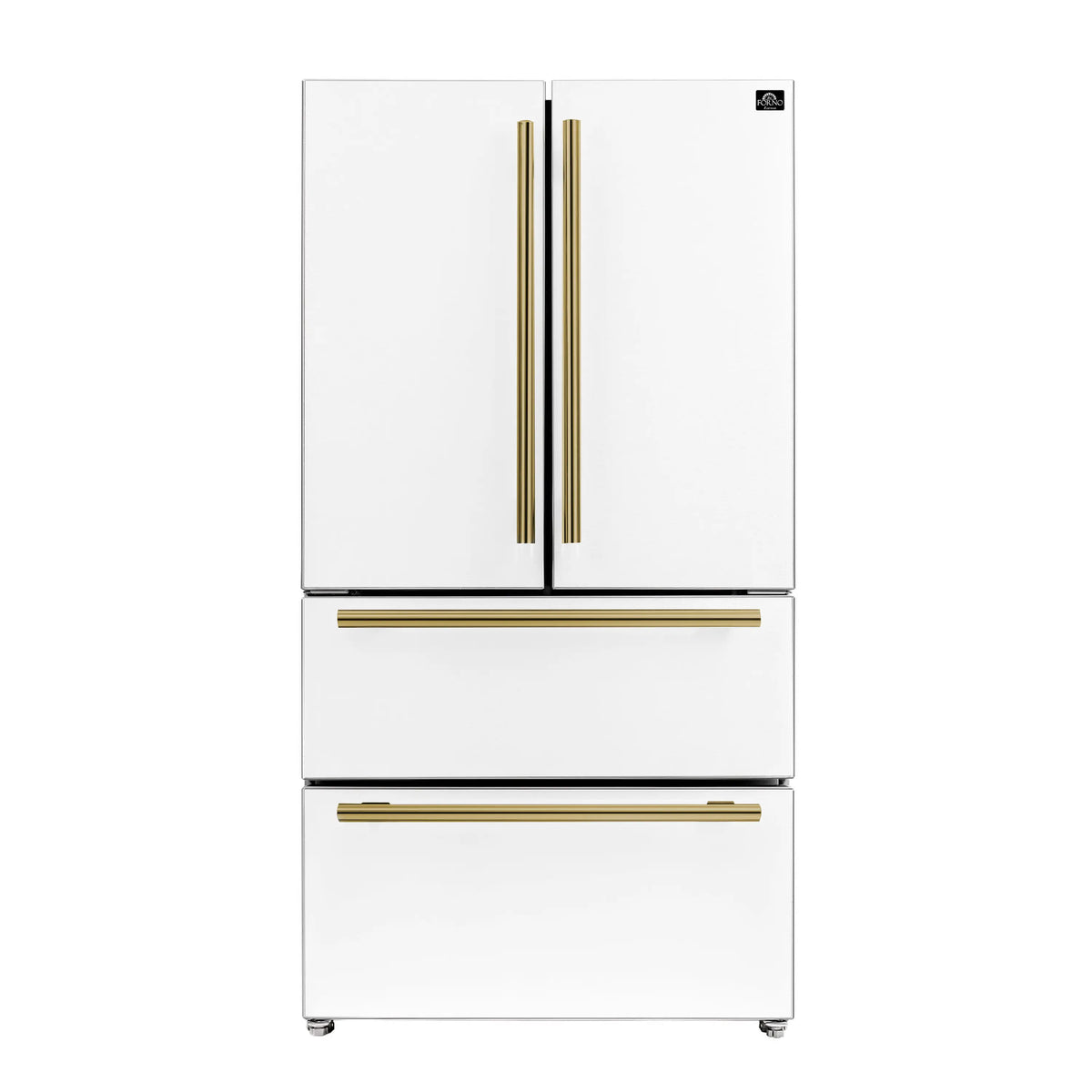 White French door refrigerator with antique brass bar handles and two horizontal freezer drawers.