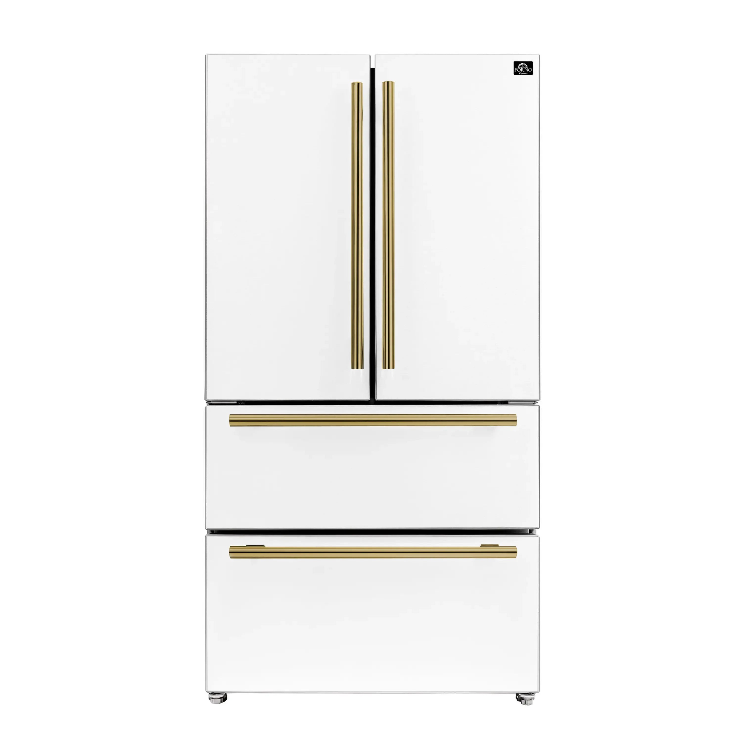 White French door refrigerator with dual gold handles and bottom pull-out drawer