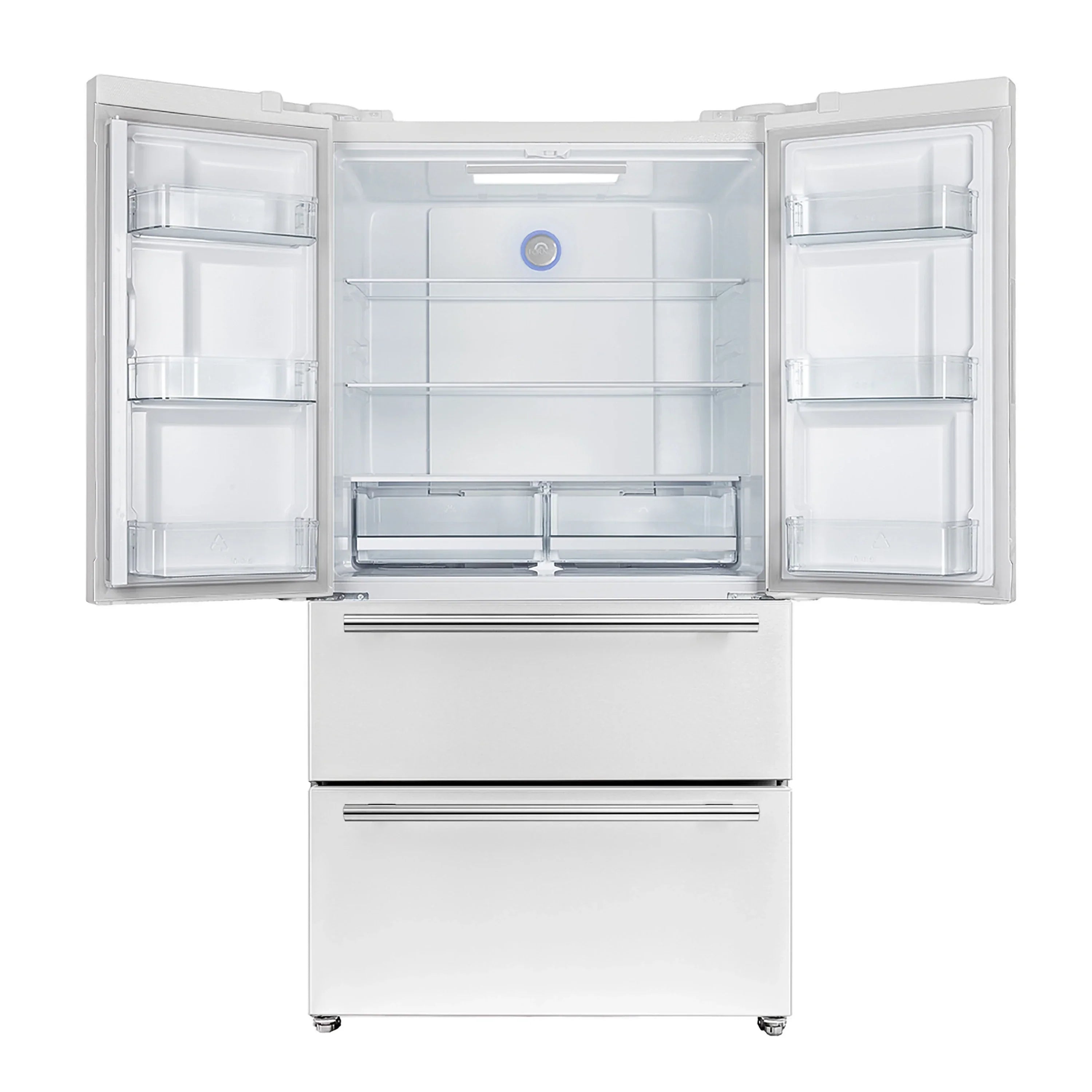 White French door refrigerator with both doors open, showing empty shelves