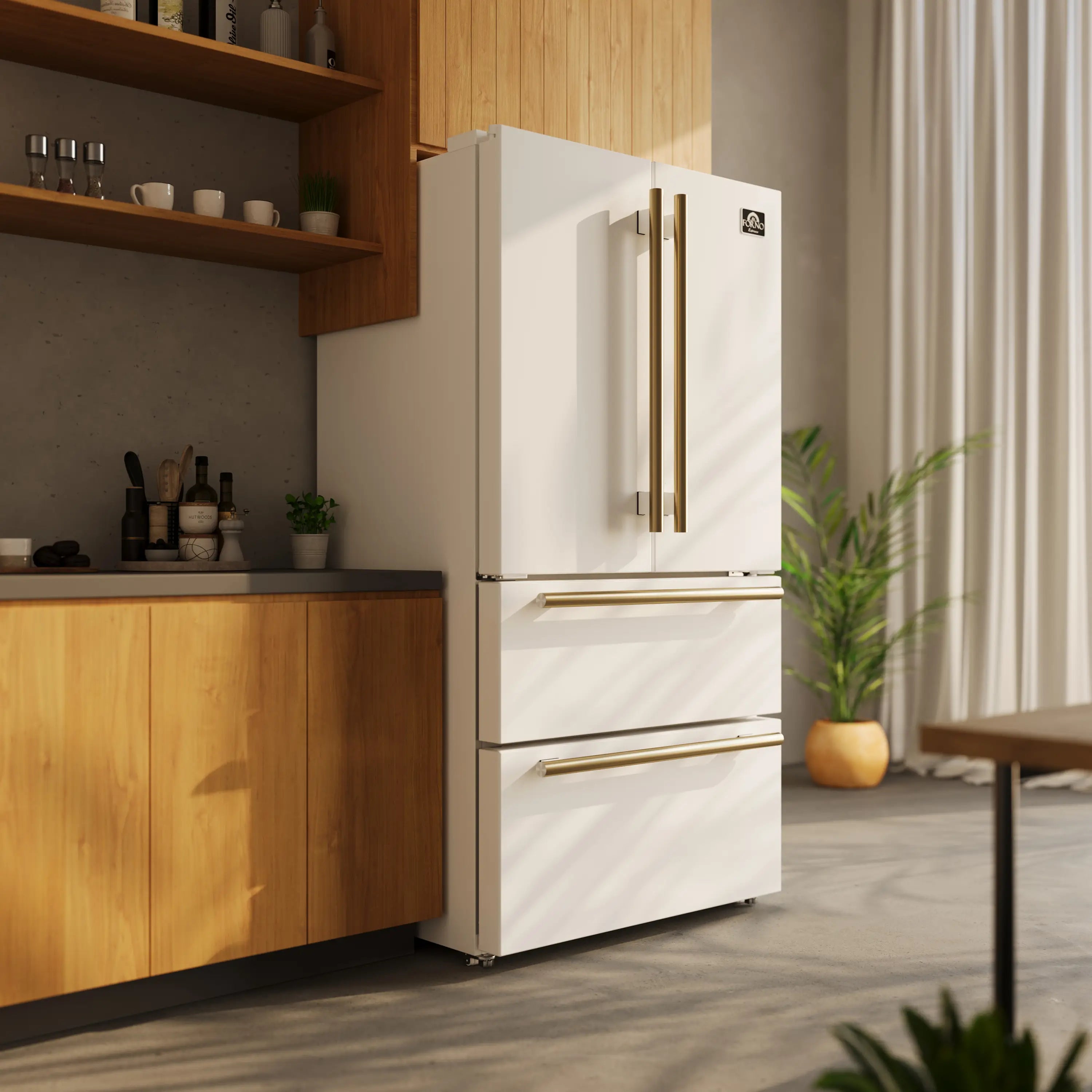 White French door refrigerator with antique brass handles, freestanding.