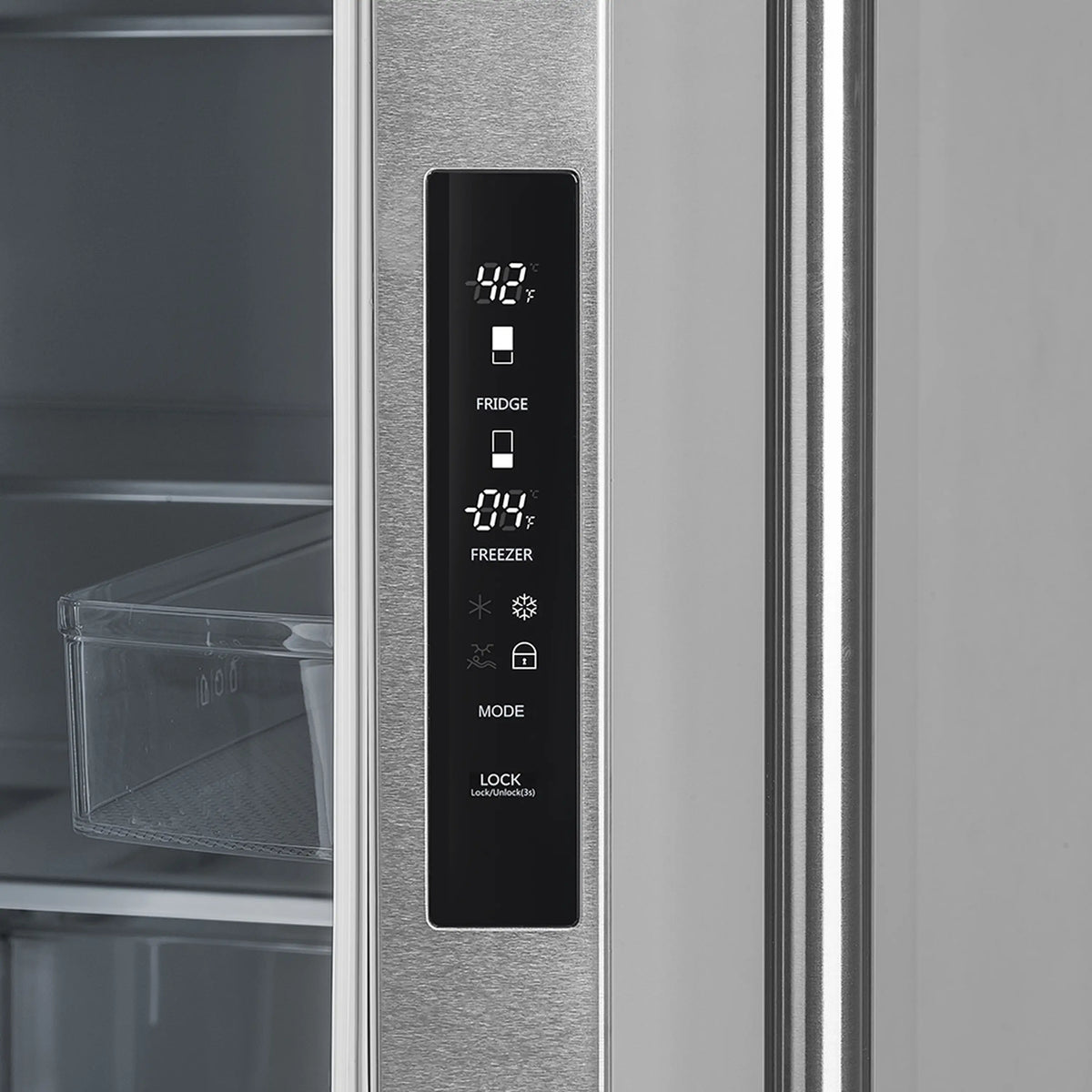 Stainless steel refrigerator control panel with black display and touch buttons.