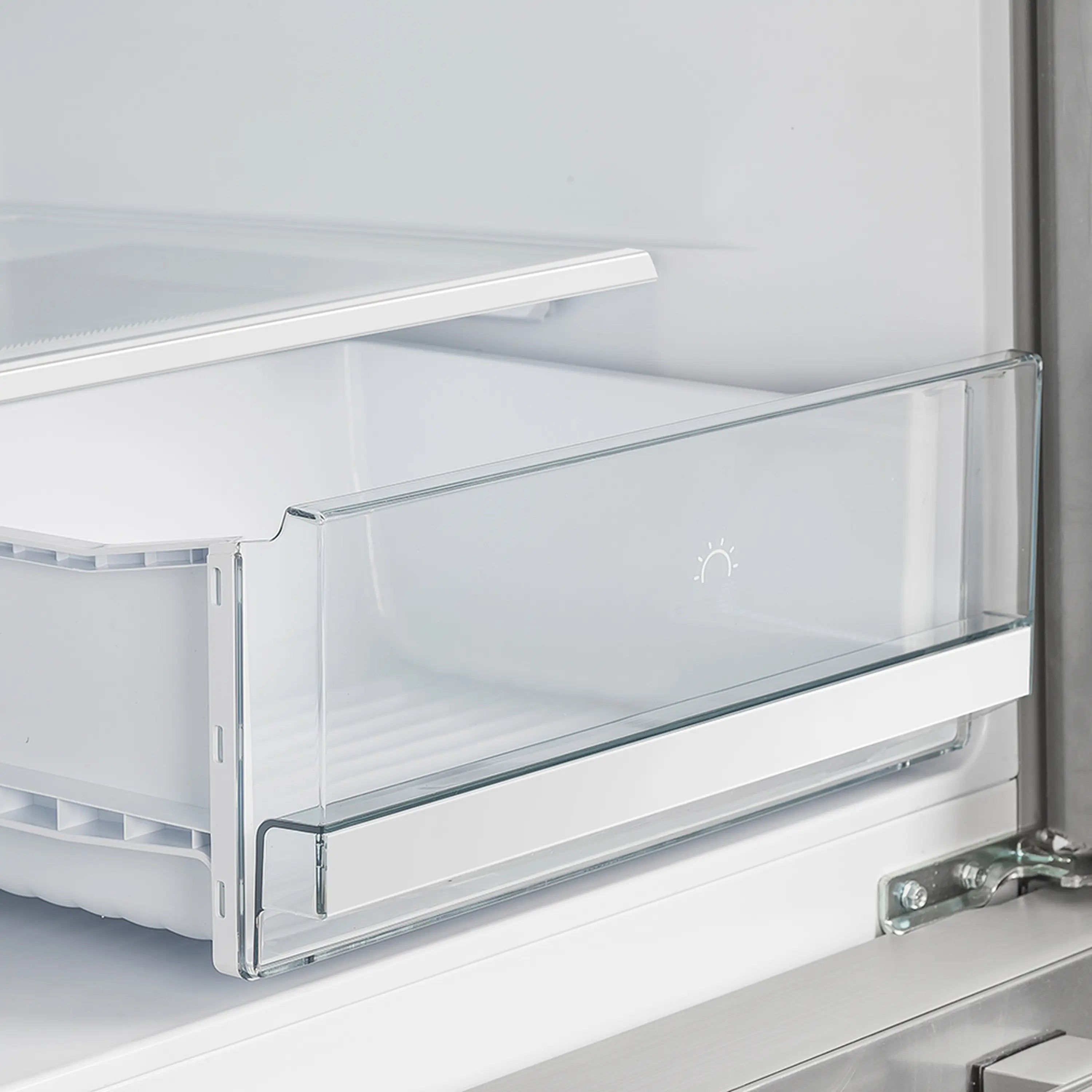 Refrigerator interior door shelf with clear glass insert and metal mounting bars