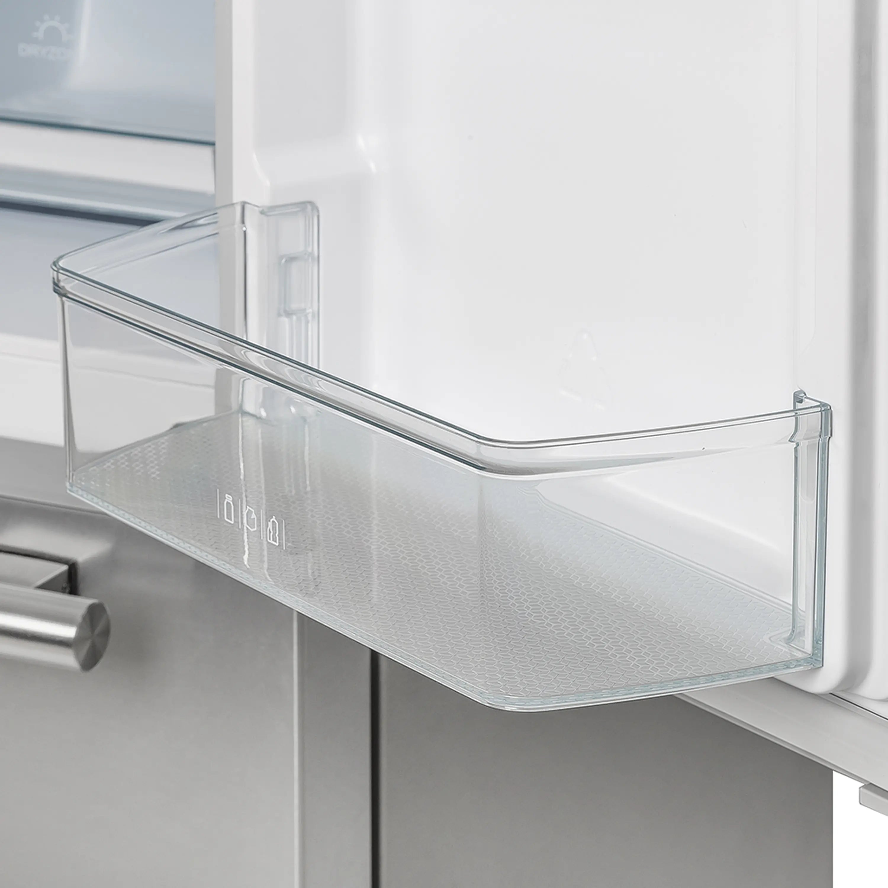 Refrigerator crisper drawer with clear mesh-front bin and glass cover panel