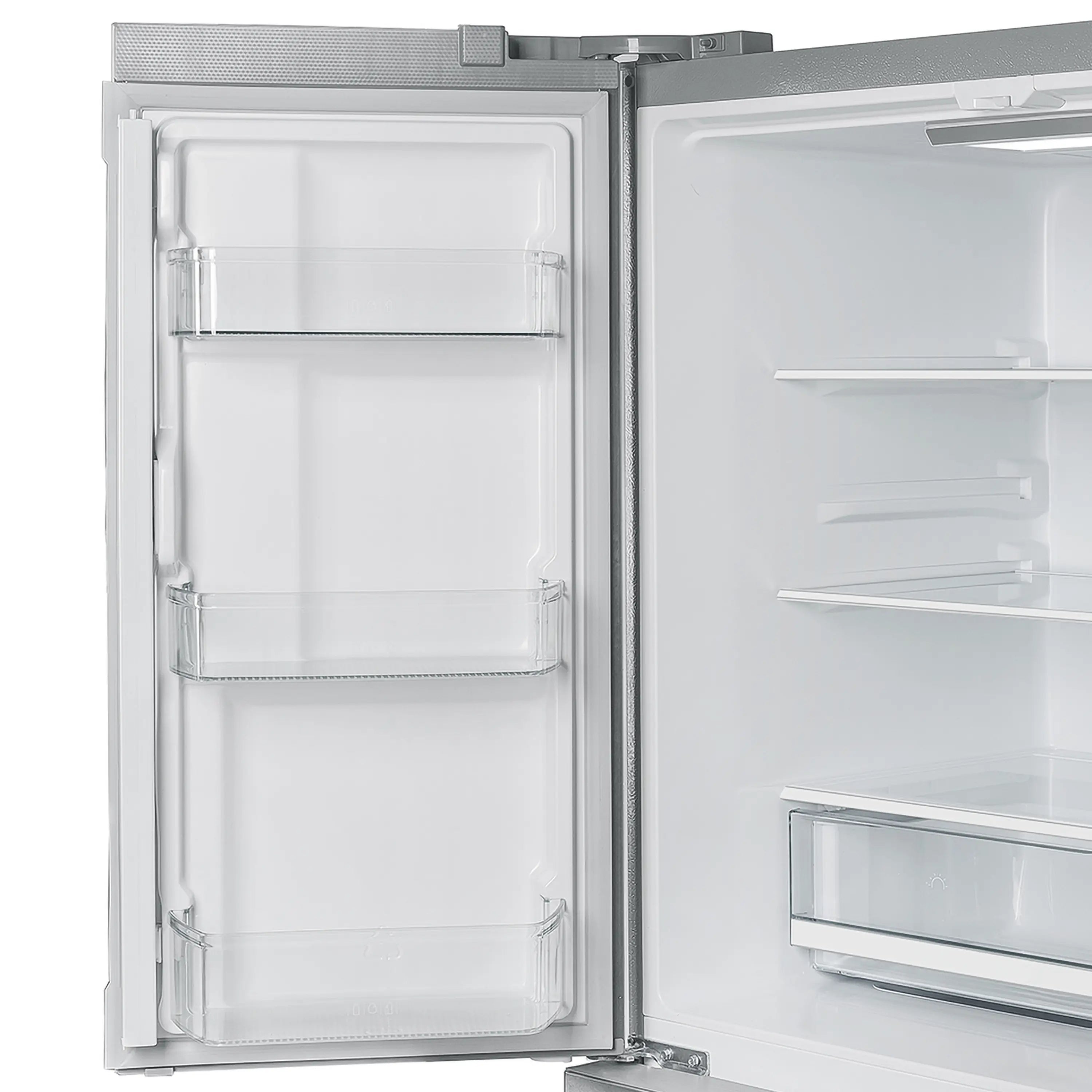 Refrigerator with open door showing white shelves and clear storage compartments