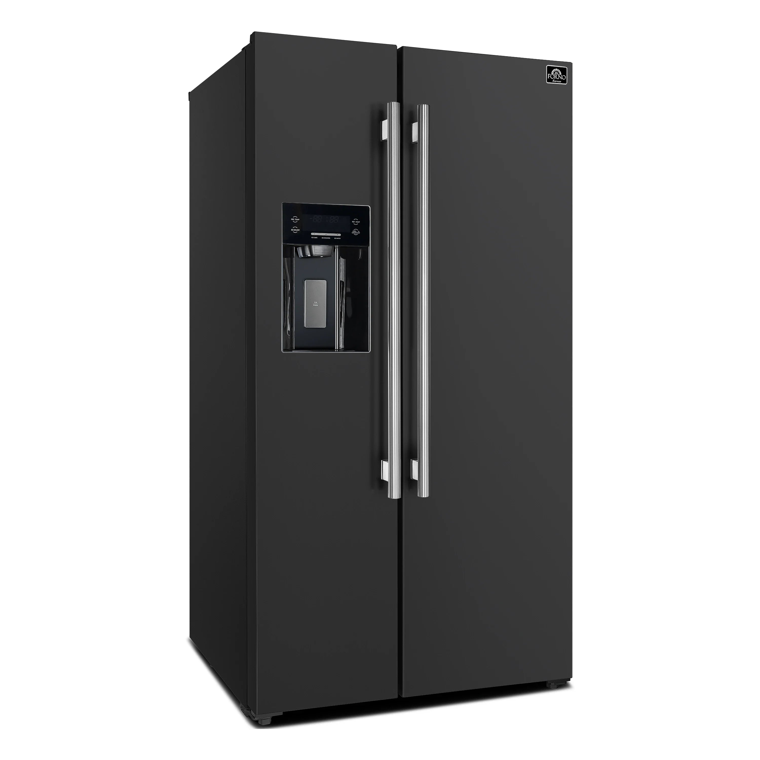 Black refrigerator exterior with stainless side-by-side handles and water/ice dispenser