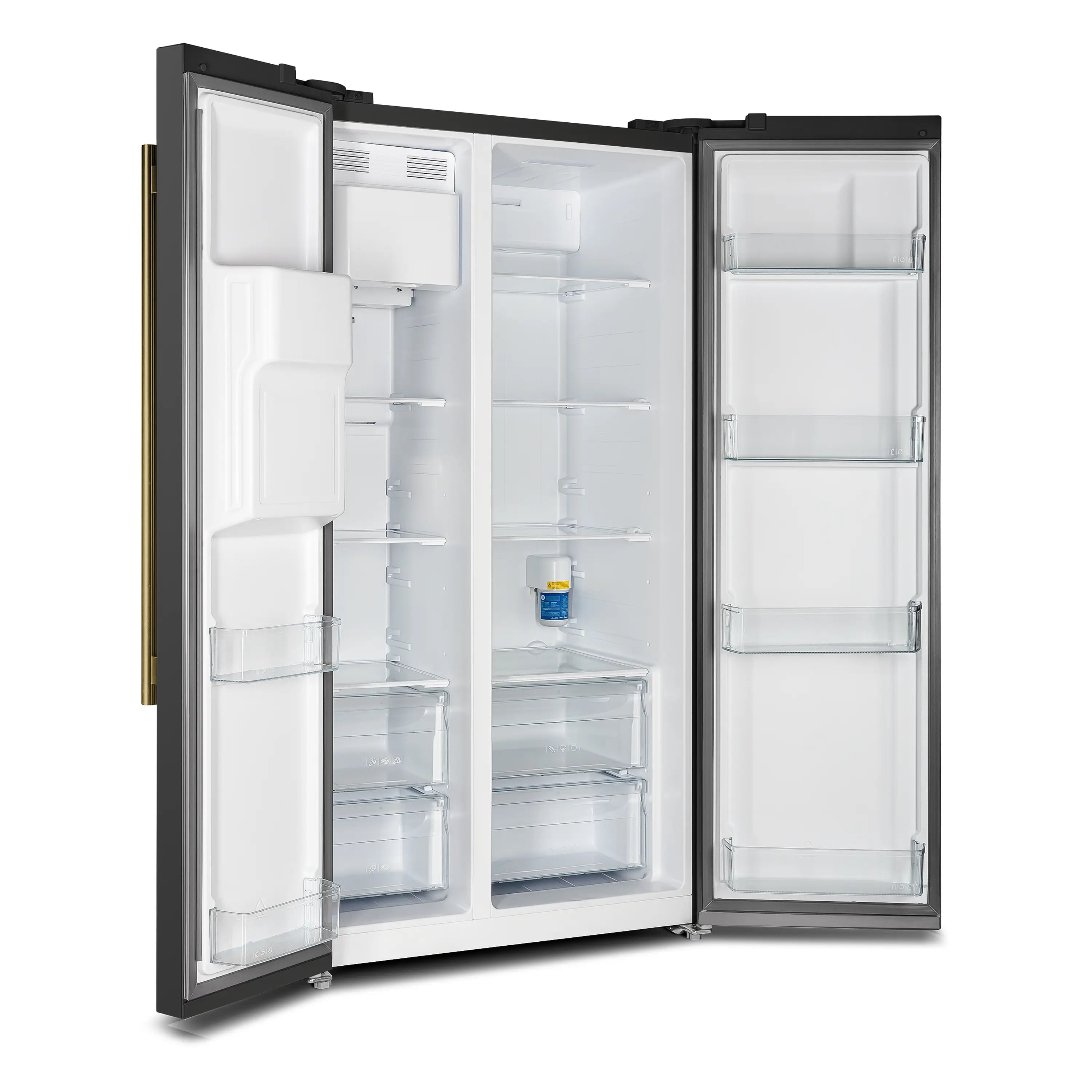 Black side-by-side refrigerator with open doors, glass shelves and water dispenser area