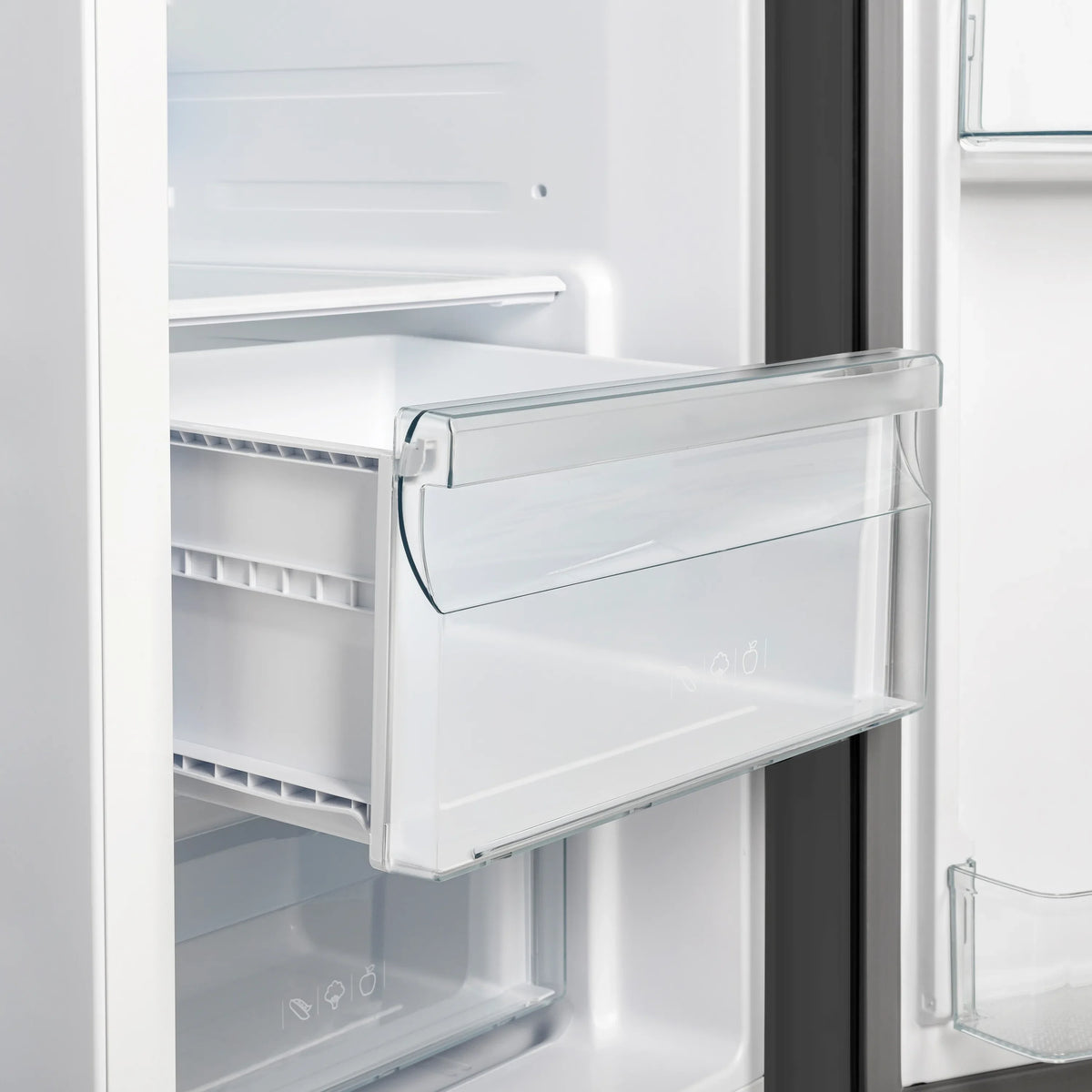 Black side-by-side refrigerator door dispenser and interior shelves with clear bin